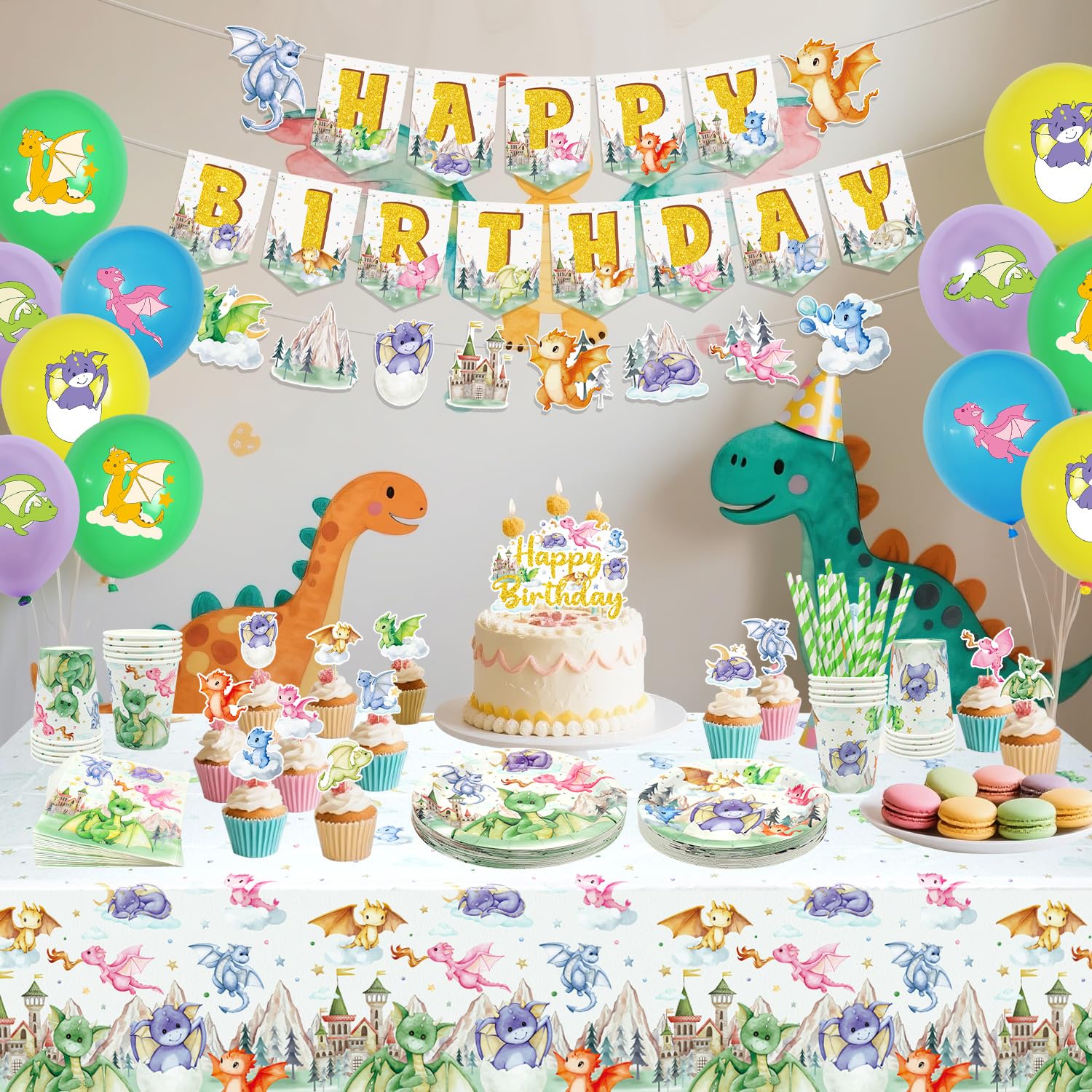 Decorazione per Feste di Compleanno Drago, Striscioni, Piatti, Tazze, Tovaglioli, Tovaglie, Palloncini, Cannucce, Decorazioni per Torte, Fantasy