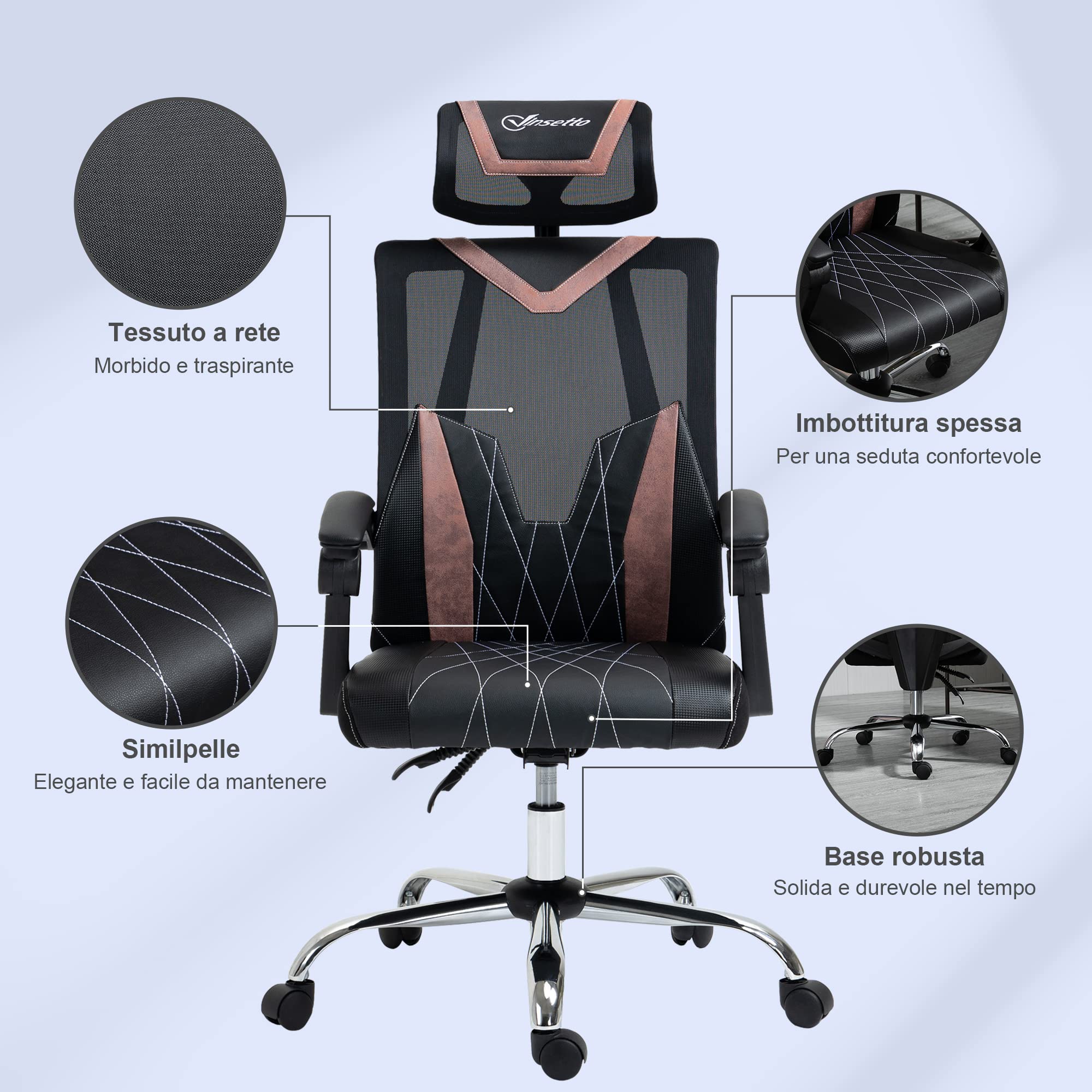 Vinsetto Sedia da Ufficio Ergonomica con Rotelle 58x62.5x112-120cm Rosa