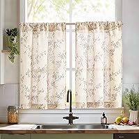 JINCHAN Floral Linen Tier Curtains 36 Inch Farmhouse Kitchen Cafe Half Window Drapes 2 Panels Taupe on Beige Rod Pocket Light Filtering