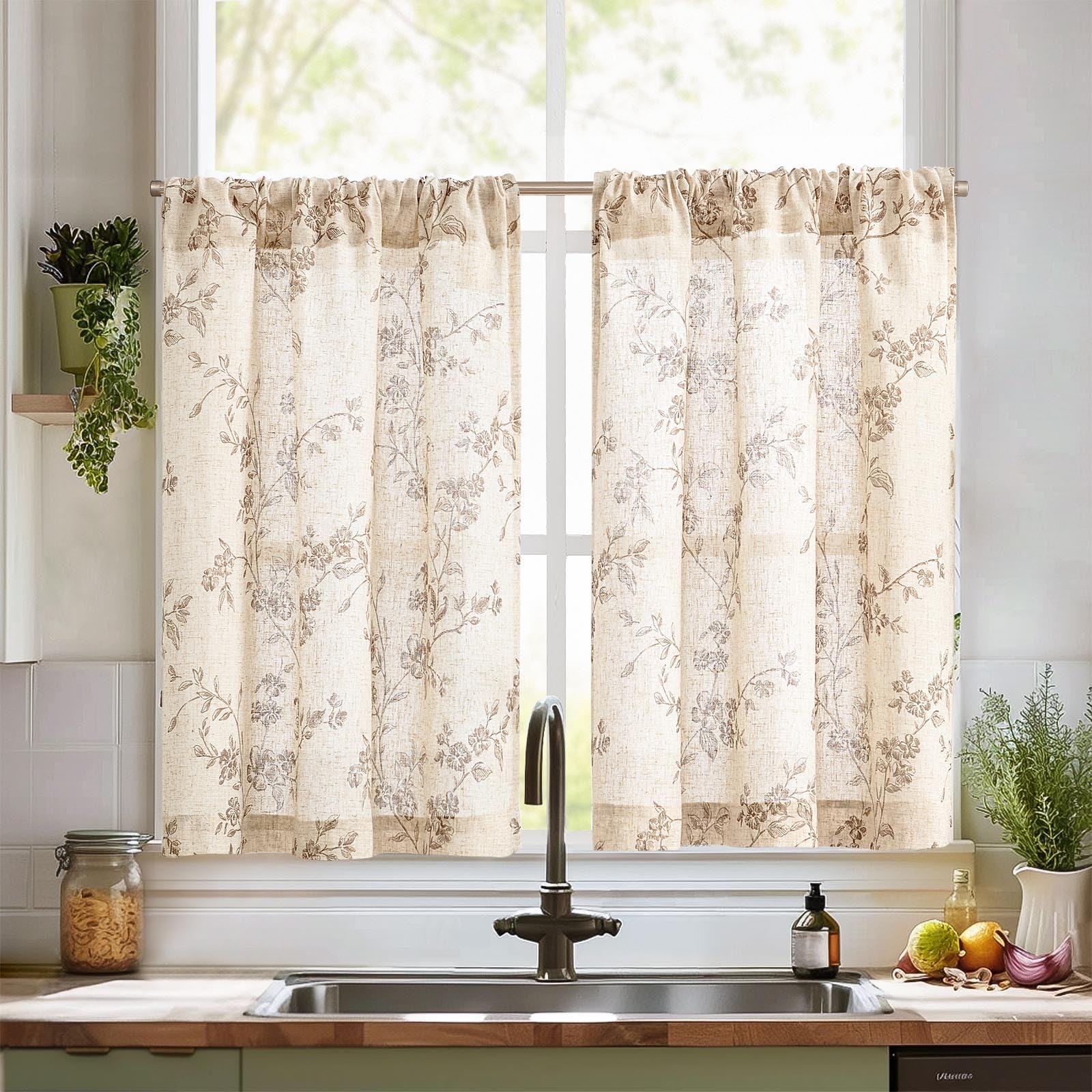 jinchan Floral Kitchen Curtains 24 Inch Linen Tier Curtains Farmhouse Cafe Half Window Drapes Over Sink Light Filtering for Living Room Laundry RV Rod Pocket 2 Panels Taupe on Beige