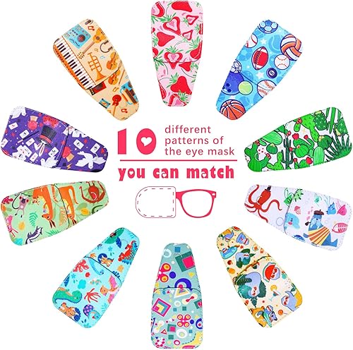 Miniatura 3 de Paquete de 10 parches de ojos para niños para cubrir cualquier parche de tela de ojos con bonitos patrones, 10 estilos surtidos, 4.5 x 2.2 pulgadas
