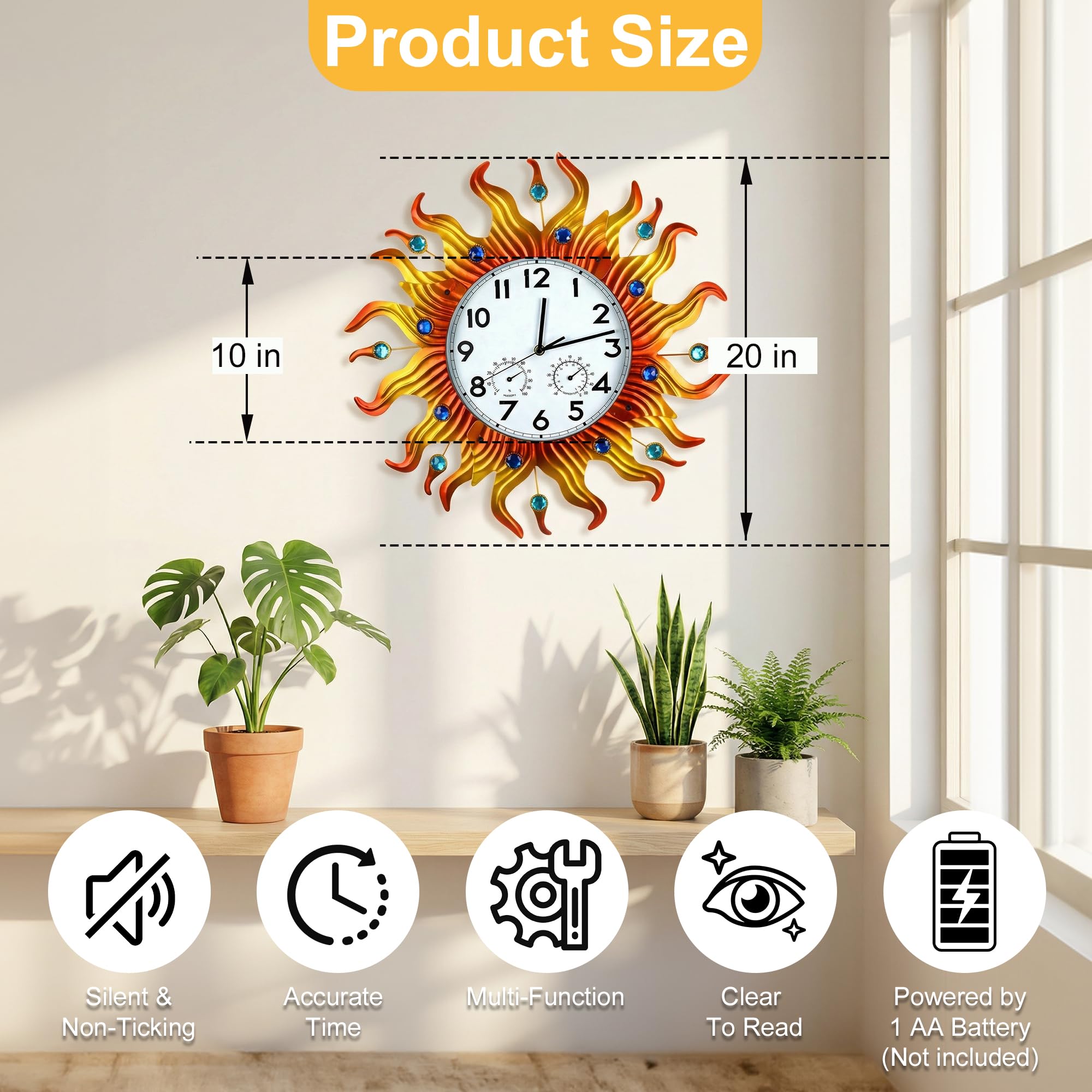 shumi Grande horloge murale d'extérieur avec thermomètre et hygromètre, horloge murale décorative silencieuse sans tic-tac pour terrasse, piscine et salle de bain