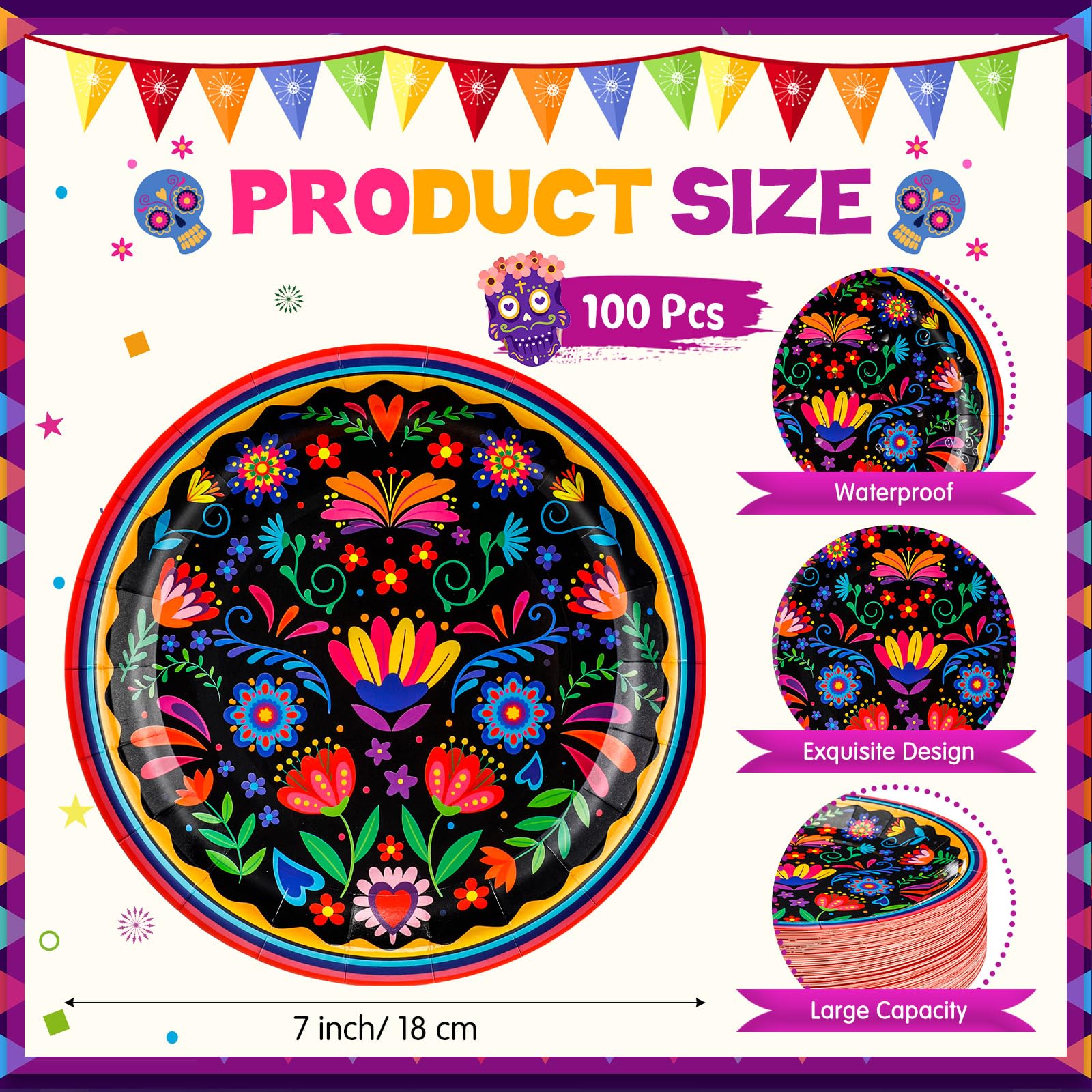 FillTouch 100 platos de papel desechables de fiesta del Cinco de Mayo de 7 pulgadas, platos de México temáticos de México, platos de fiesta para fiesta de cumpleaños, postre, cena de taco, vajilla