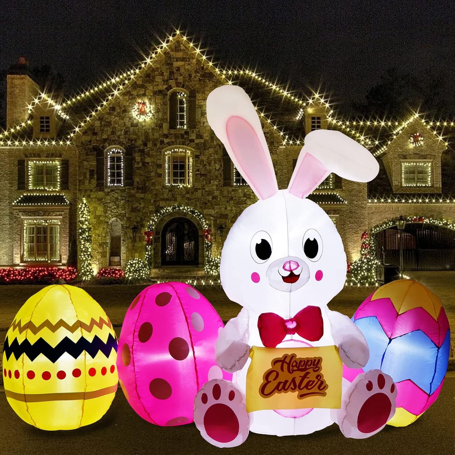 OurWarm 6 FT Easter Inflatables Outdoor Decorations Bunny and 3 Colorful Eggs, Build-in LED Lights Blow Up Yard Decorations for Easter Decor, Home Holiday Party Indoor, Outdoor, Garden, Lawn Decor