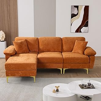OUYESSIR L Shaped Sectional Sofa Couch, 91" Upholstered Velvet 3 Seat Sofa with Ottoman and Pillows, Comfy Couch Sleeper for Living Room, Bedroom (Orange)