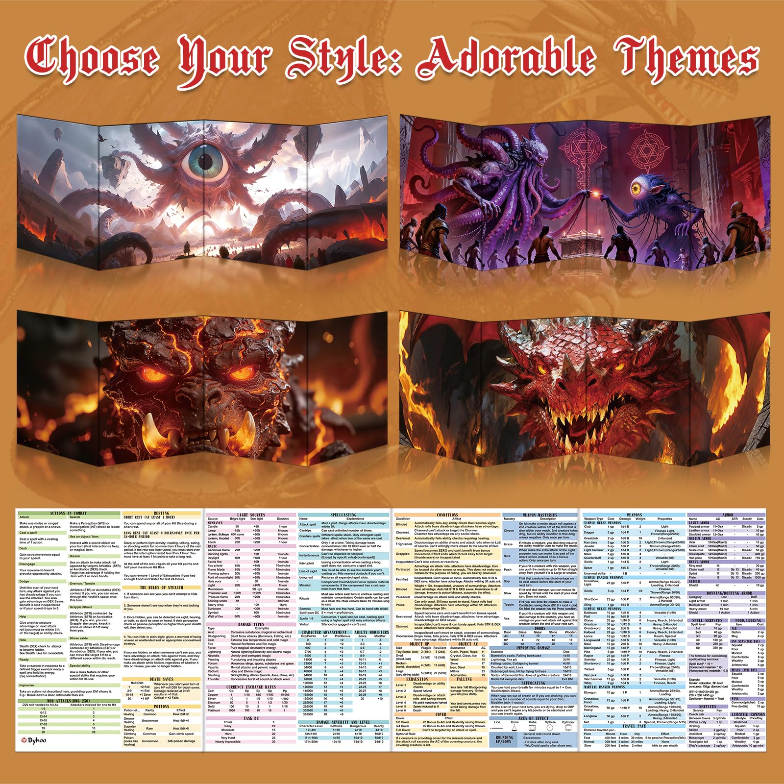 Byhoo Set da 2 schermi DM per D&D 5E – Accessori immersivi – Lavagolem & Principe del Drago Rosso, superficie cancellabile con supporti, formato pieghevole portatile A4 per master di gioco