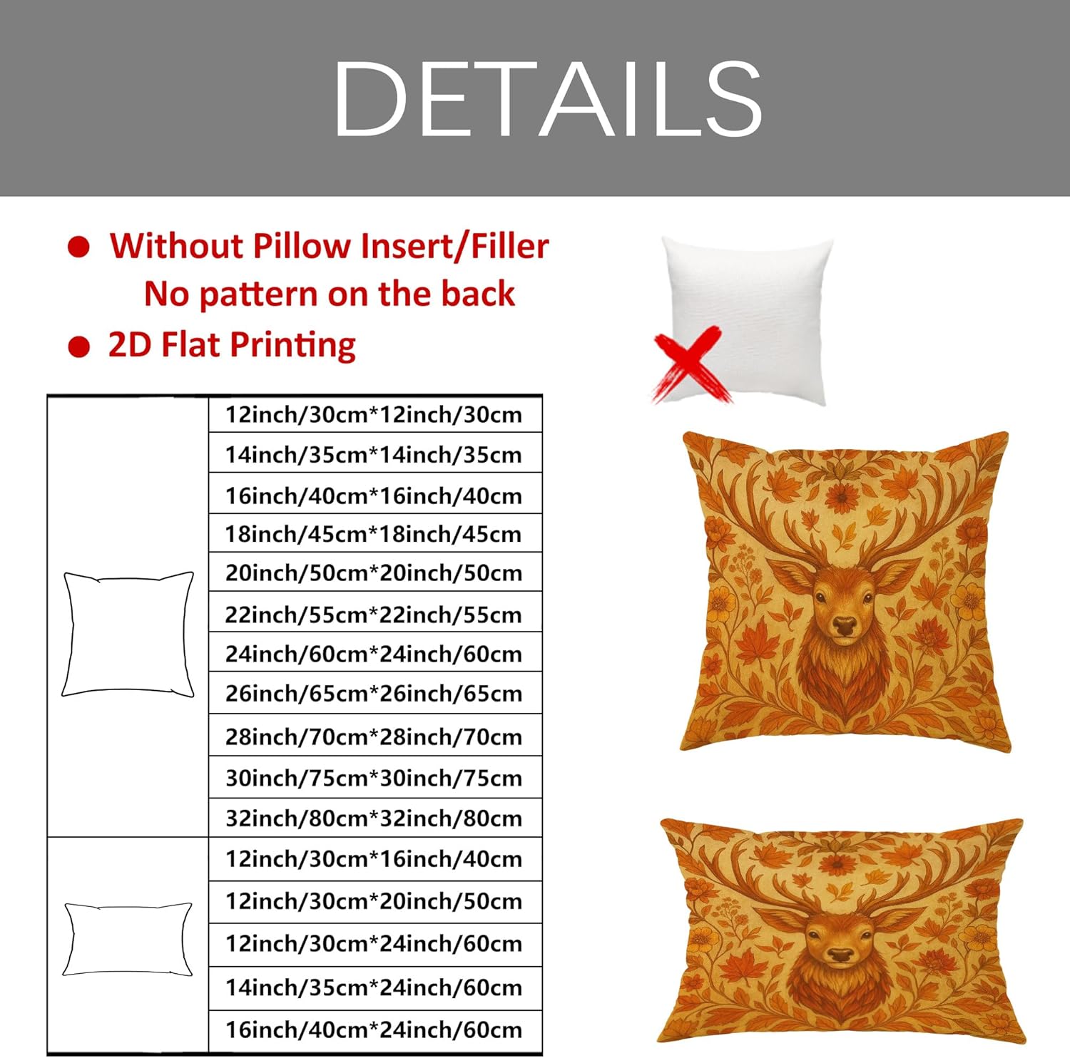 Floral and Fall Leaves Autumn Deer Throw Pillow Cover Set of 2, Decorative Cushion Covers for Home Sofa Bed Couch Decor, Orange, 24x24 Inch