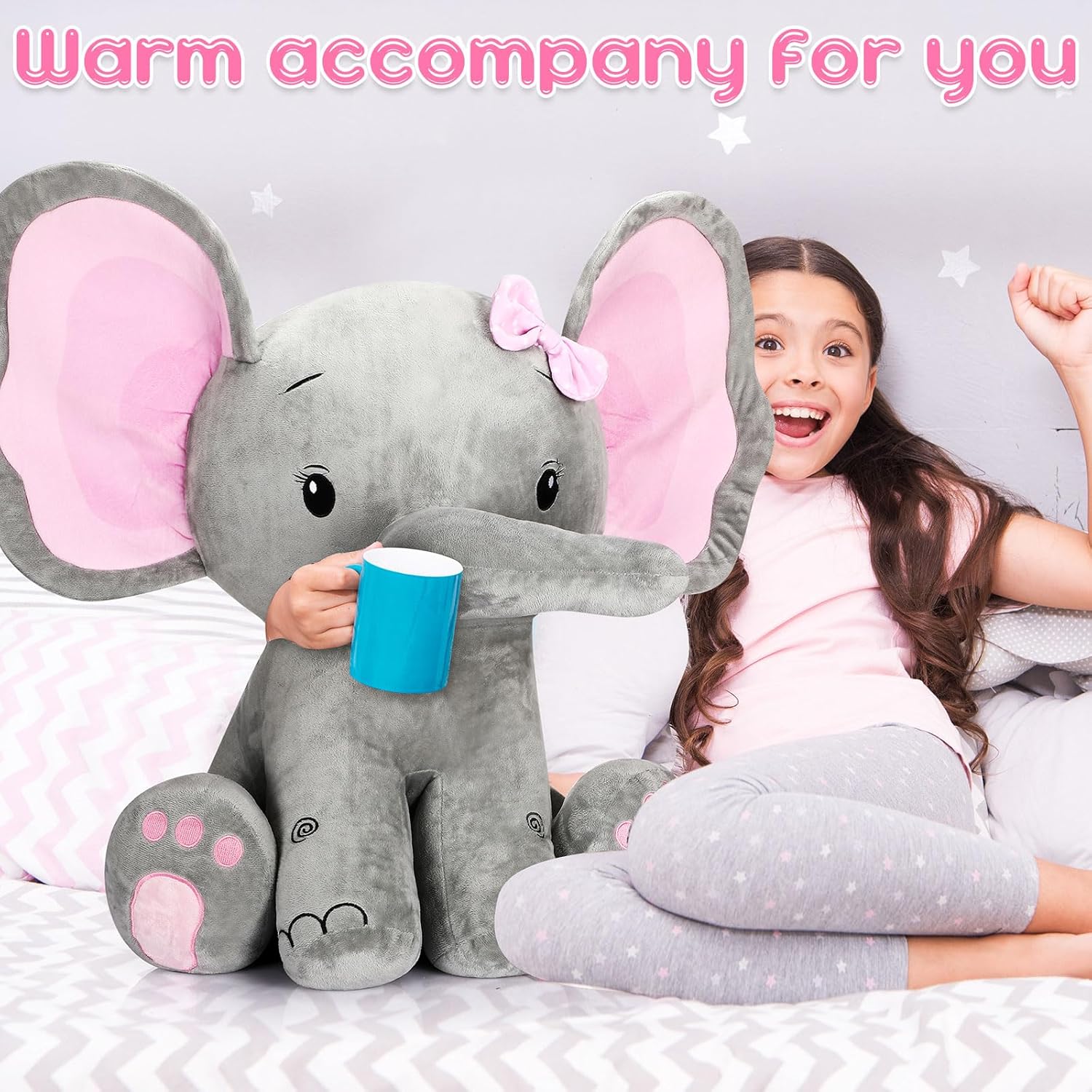 Jenaai Giant Plush Elephant Stuffed Animal Gifts for Kids Soft Large Pink Gray Elephant for Baby Shower Gender Reveal Party Decorations Birthday Baptism Gifts Friend Sister, 24 Inch