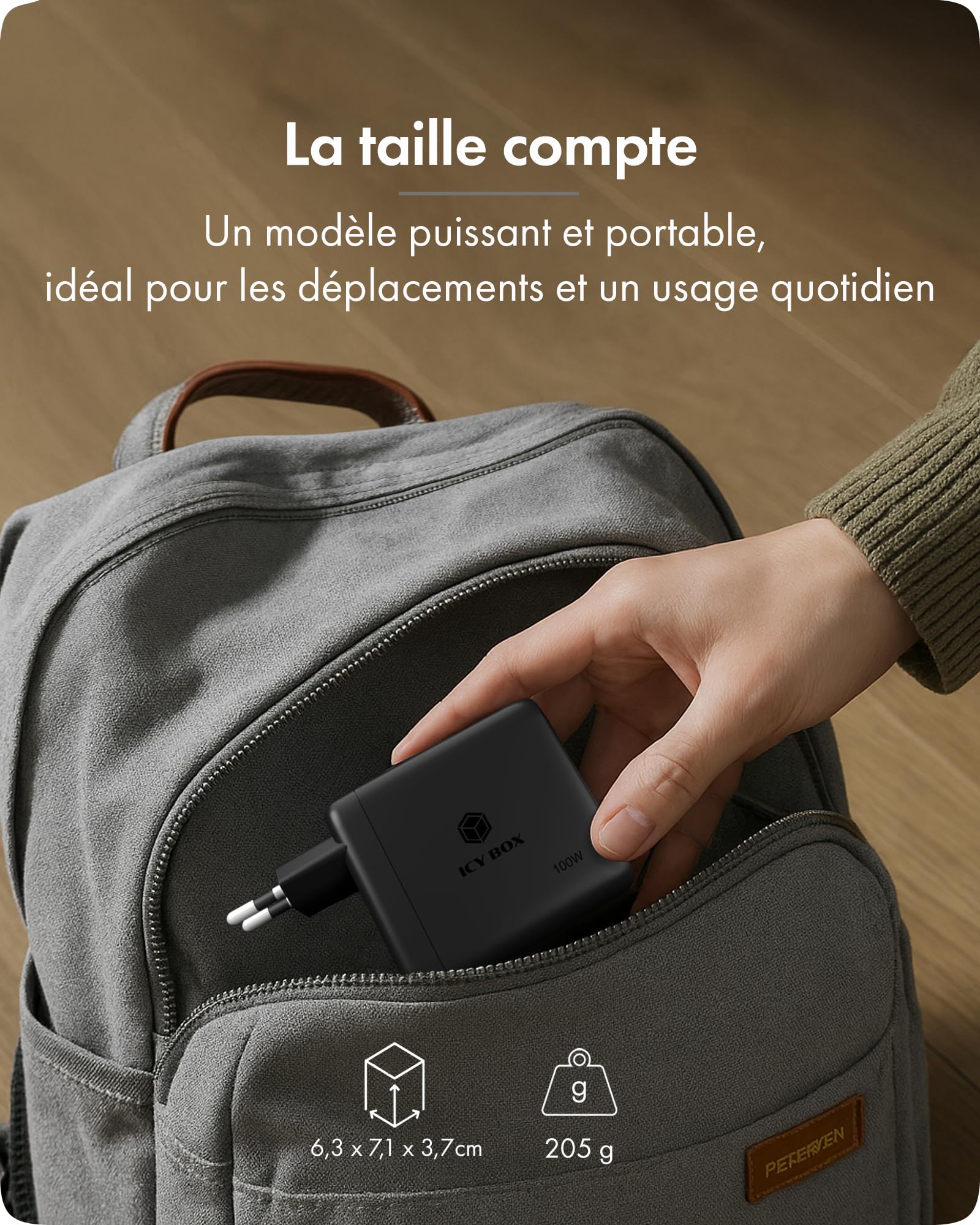 ICY Box Club Charger IB-PS1002 Chargeur Rapide USB-C GaN avec écran, 2 Ports USB-C + USB-A Multi-Ports, câble USB-C rétractable intégré de 70 cm, Bloc d'alimentation Power Delivery, IB-PS1002