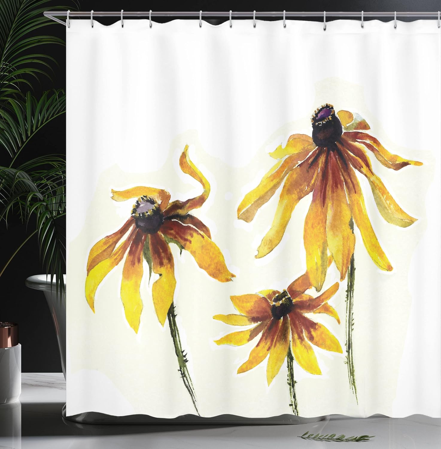 Ambesonne Watercolor Flower Shower Curtain, A Garden with Daisy Blossoms in a Soft Painting Effect Dramatical Nature Work of an Art, Fabric Bathroom Decor Set with Hooks, 69" W x 70" L, Yellow White