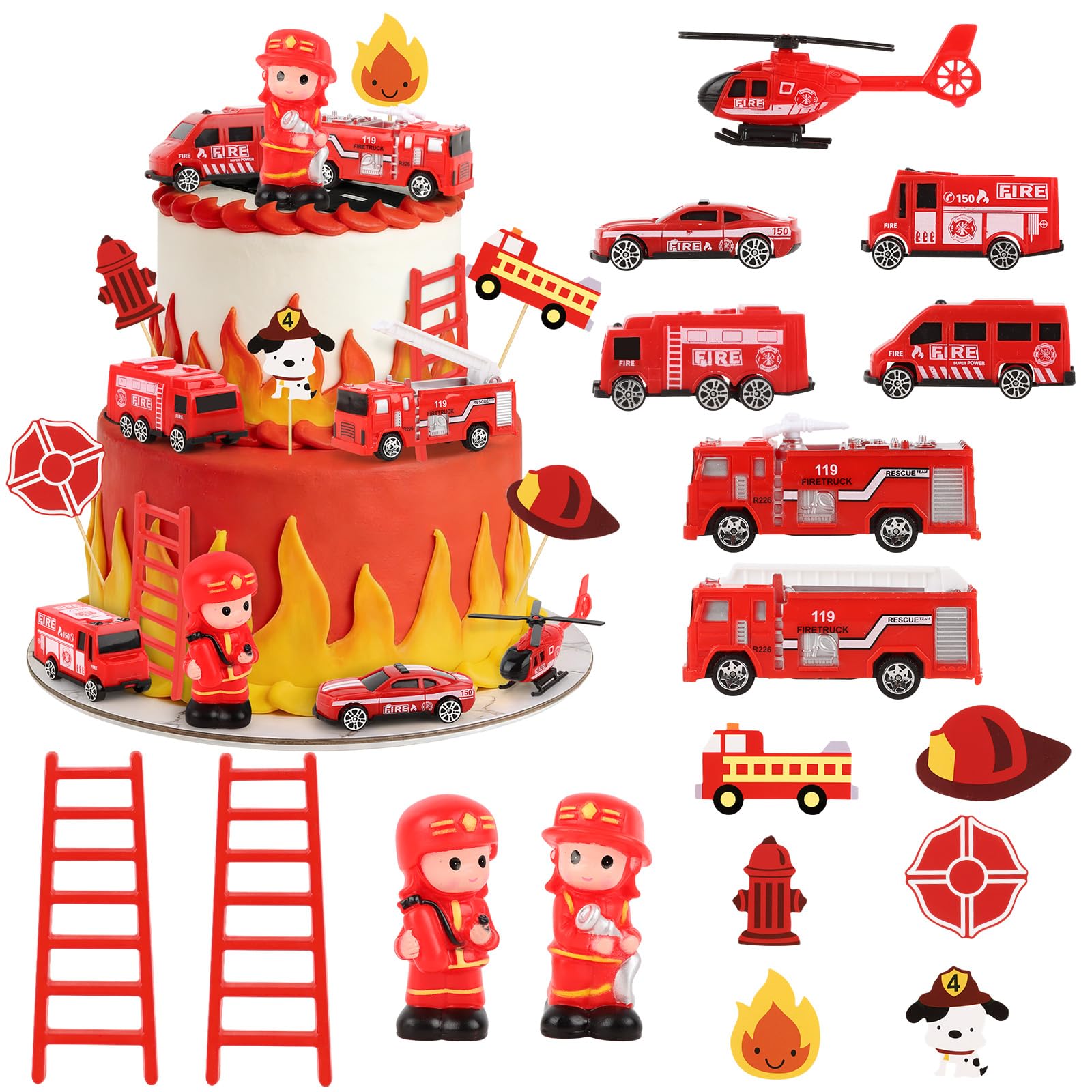 Hooqict 17 Pieces Fire Truck Cake Decorations Set with Mini Firetruck Firefighter Fire Engine Birthday Cake Toppers & Cupcake Toppers for Fireman Fire Truck Birthday Party Decorations Supplies — image 1