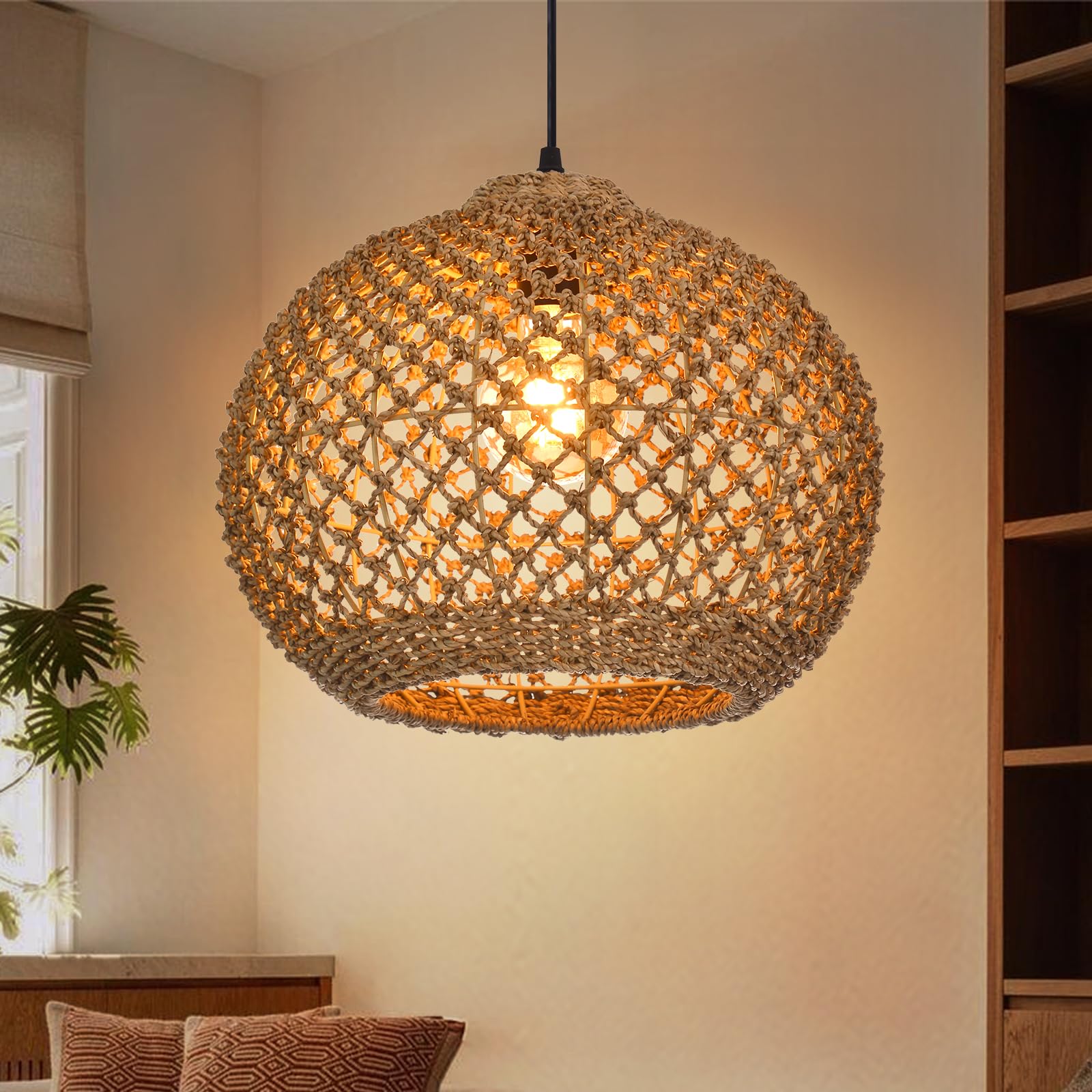 WalmHomie Boho Chandelier, Farmhouse Ceiling Hanging Lamp Shade, Natural Rattan Weaving Light Fixture, Rustic Round Pendant Lighting for Kitchen Dining Room Restaurant Bar, 13.78" W x 11.02" H