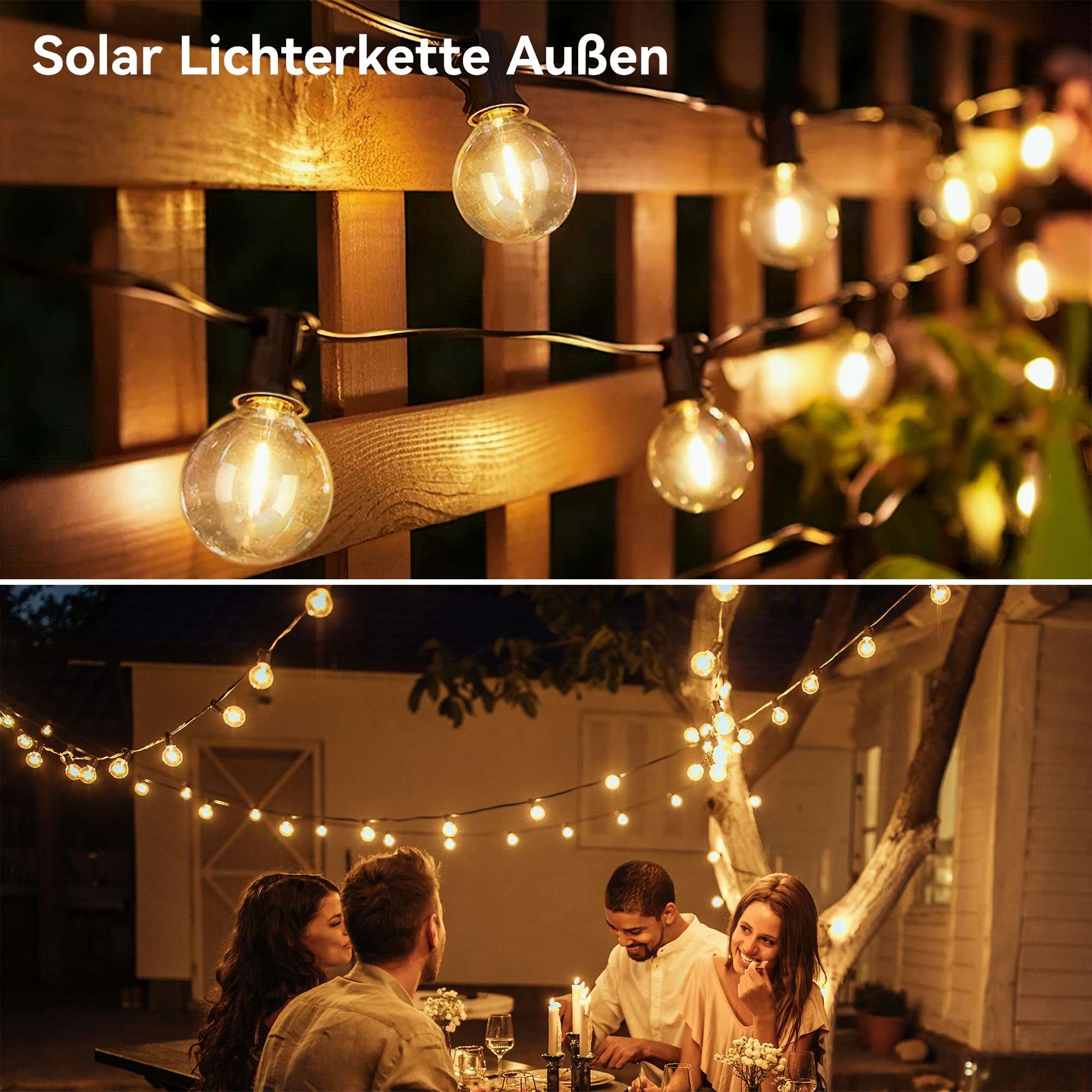 Guirnalda de luces solares para exteriores, 30 m, con 50 + 2 bombillas LED, G40, resistente a la intemperie, iluminación solar para jardín, balcón, mando a distancia, 3 modos de iluminación, función