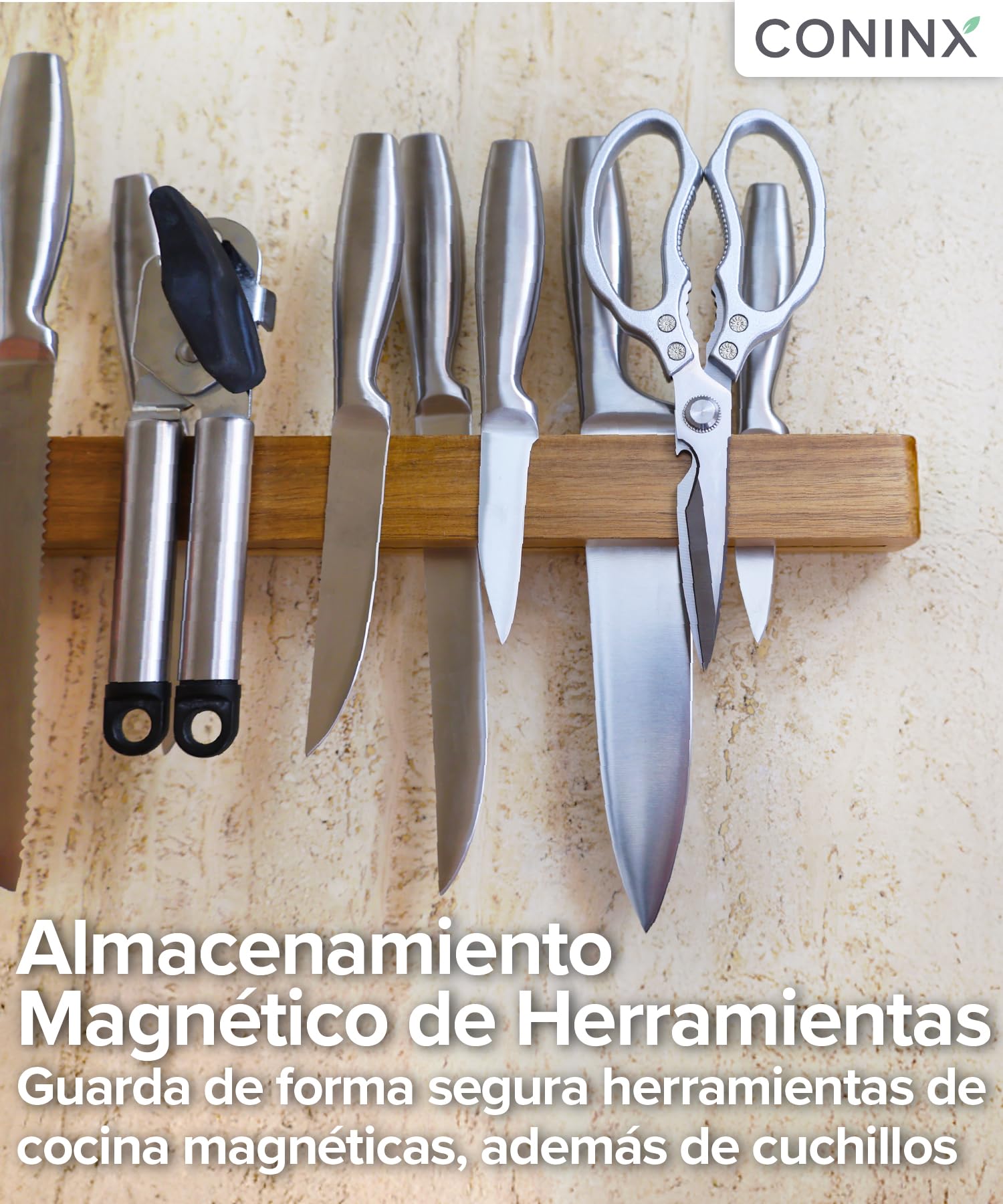 Coninx Barra magnética de pared doble imán de madera de acacia - 40 cm portacuchillos con tornillos y tacos - Carril imán potente para utensilios de cocina elegante y ahorro de espacio