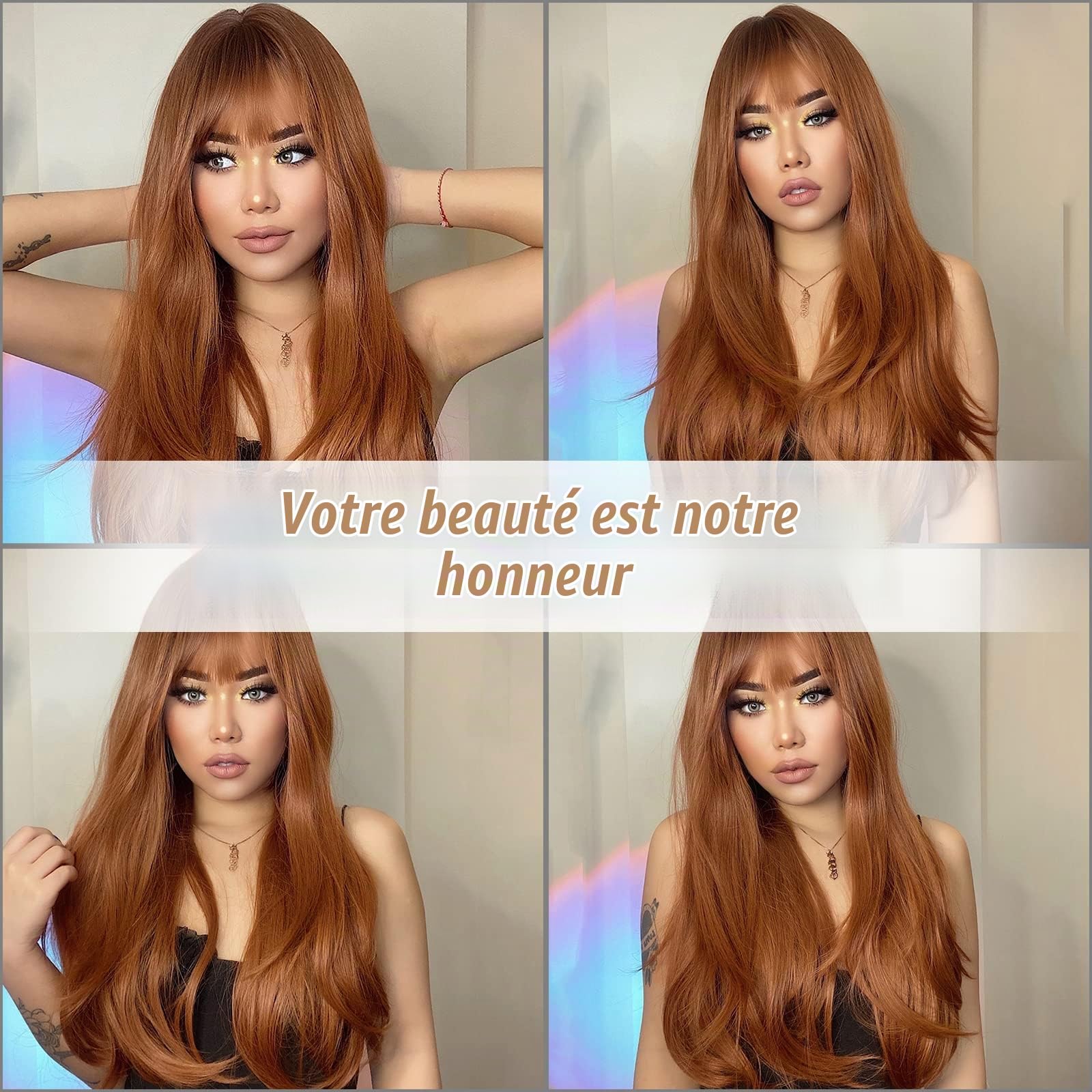 HARICUBE Perruques longues et raides Frange, synthétique naturel Résistantes à la chaleur (marron auburn)
