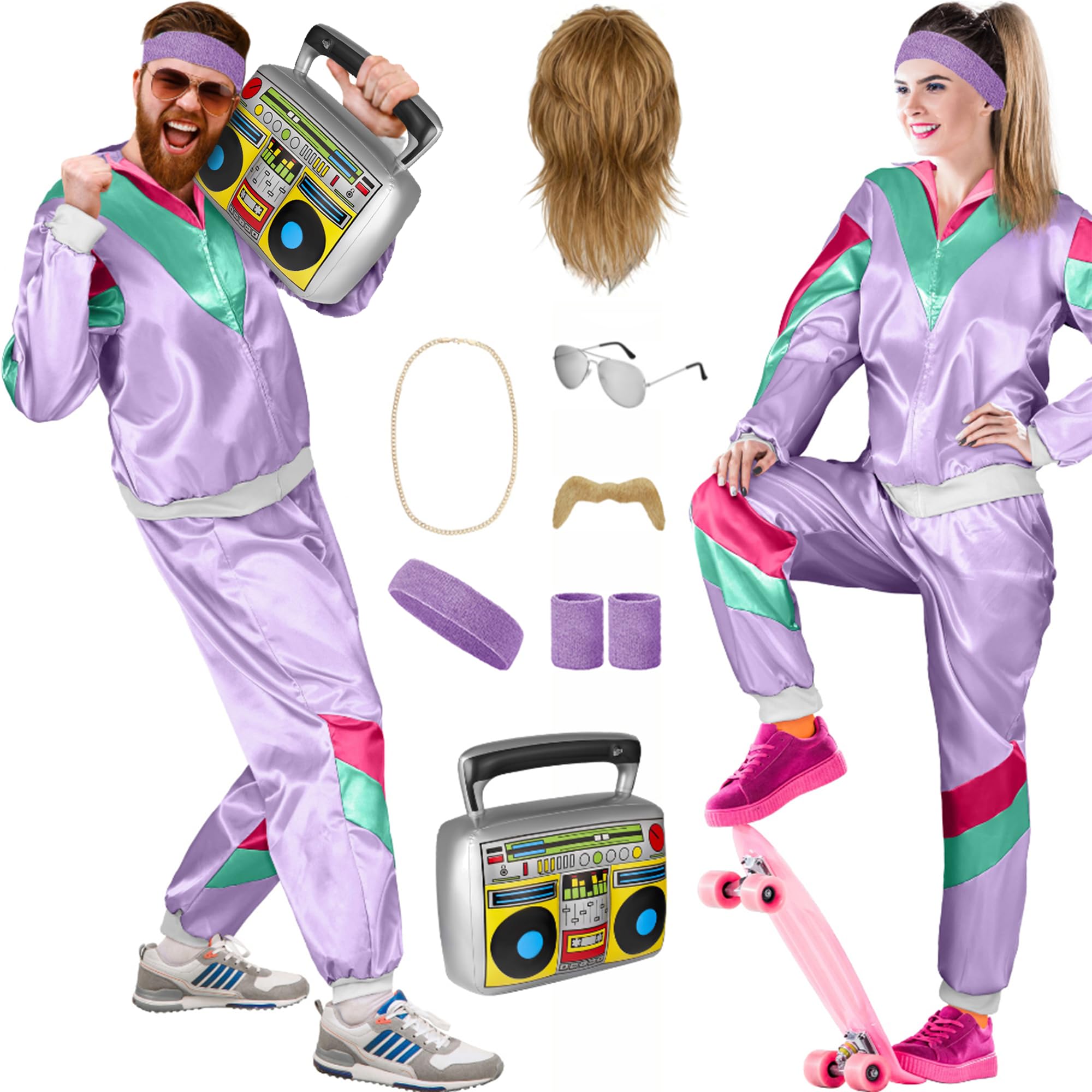 Balinco 80s Outfit Women/Men, Tracksuit Carnival Costume Set, Mullet Wig, Beard, Chain, Pilot Glasses, Sweatbands, Ghetto Blaster (Purple, Green, Pink, S)