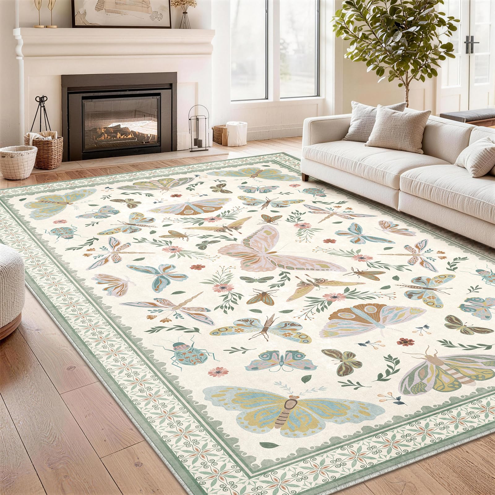 SOANNY Butterfly Rug Living Room, Soft Low Pile Washable Non Slip Area Carpet for Bedroom Kitchen Entryway Beside Sofa Office Dorm, Modern Stain Resistant Mat Floor Decor, 120x160 cm, Ivory Sage โ image 1