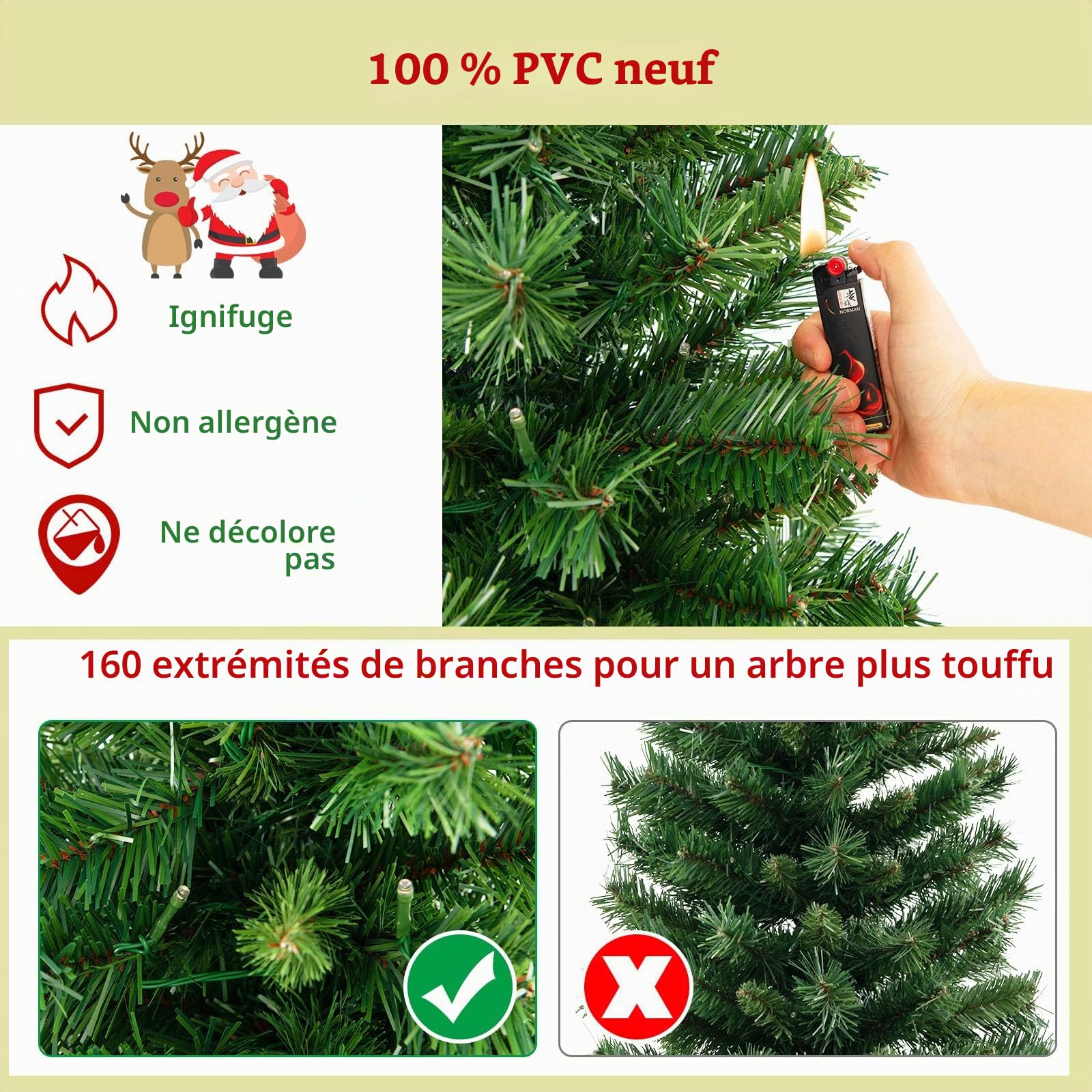 LIFEZEAL 1,2M Sapin de Noël Artificiel, Arbre Artificiel avec 100 LEDs, 3 Modes d'Éclairage, Sapin Illuminé avec 160 Branches en PVC, pour Magasin, Bureau, Chambre (Vert, 18,5 x 18,5 x 120CM)