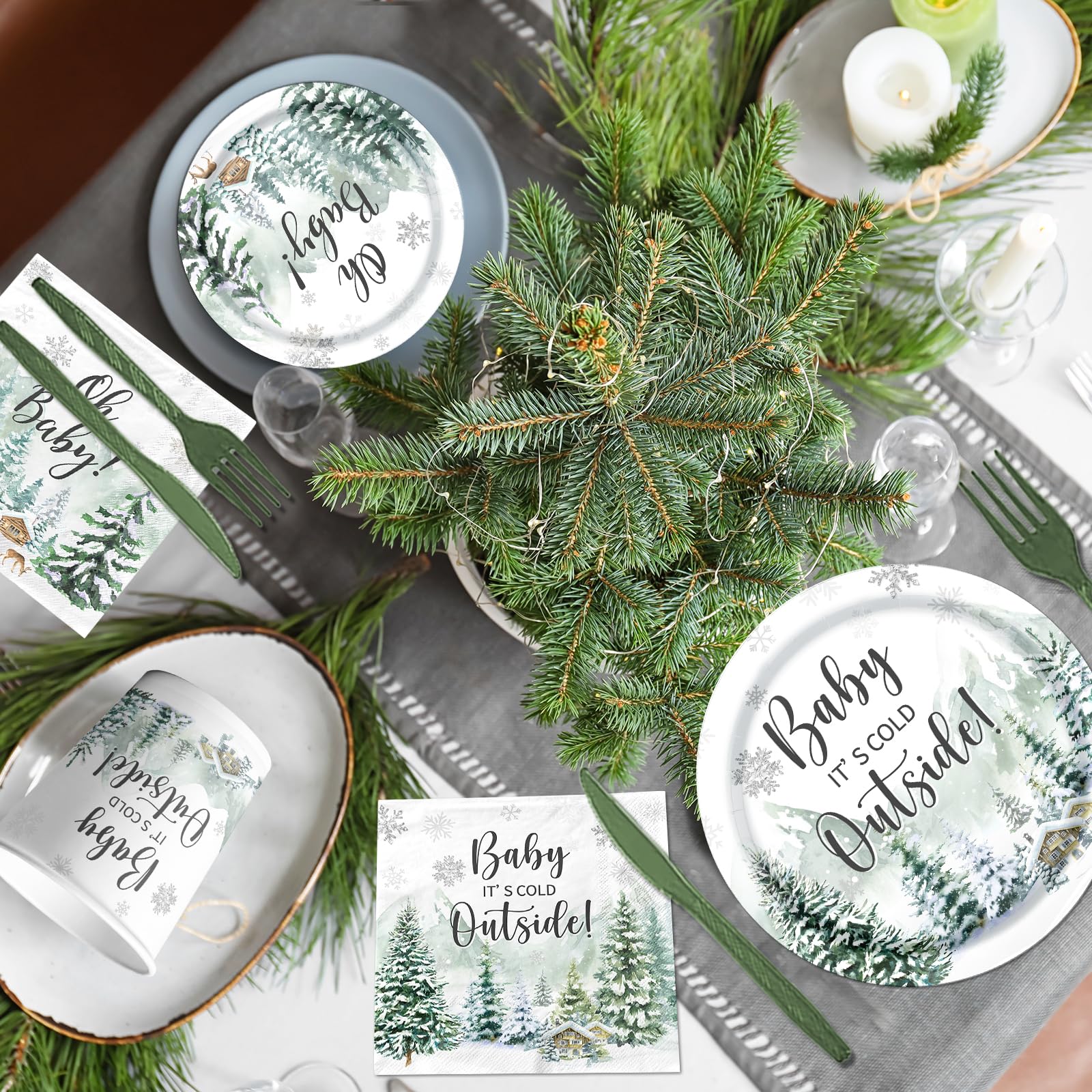 Decoraciones de invierno para baby shower, 142 piezas con texto en inglés "Baby It's Cold Out" para baby shower, platos de bosque, servilletas, mantel, pancarta de revelación de género, decoraciones