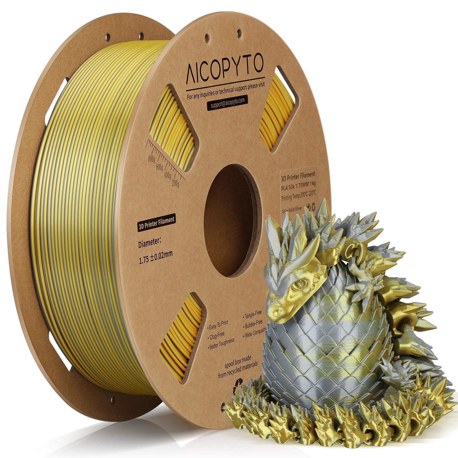 3D Printer Silk PLA Filament 1.75mm, Shiny Dual Color Gold Silver, Dimensional Accuracy +/- 0.02 mm, 1KG (2.1lbs)/Spool Easy to Print for Most FDM 3D Printers