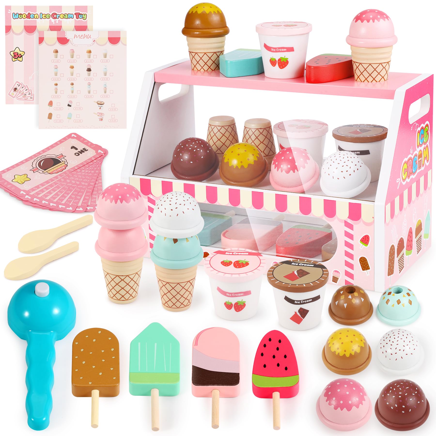 – Wooden Ice Cream Set for Kids, More Pcs Wooden Role Play Ice Cream Shop Play Food Kitchen Toy Imaginative Toys Gift for 3 4 5 6 7 Year Old Girls & Boys, Christmas