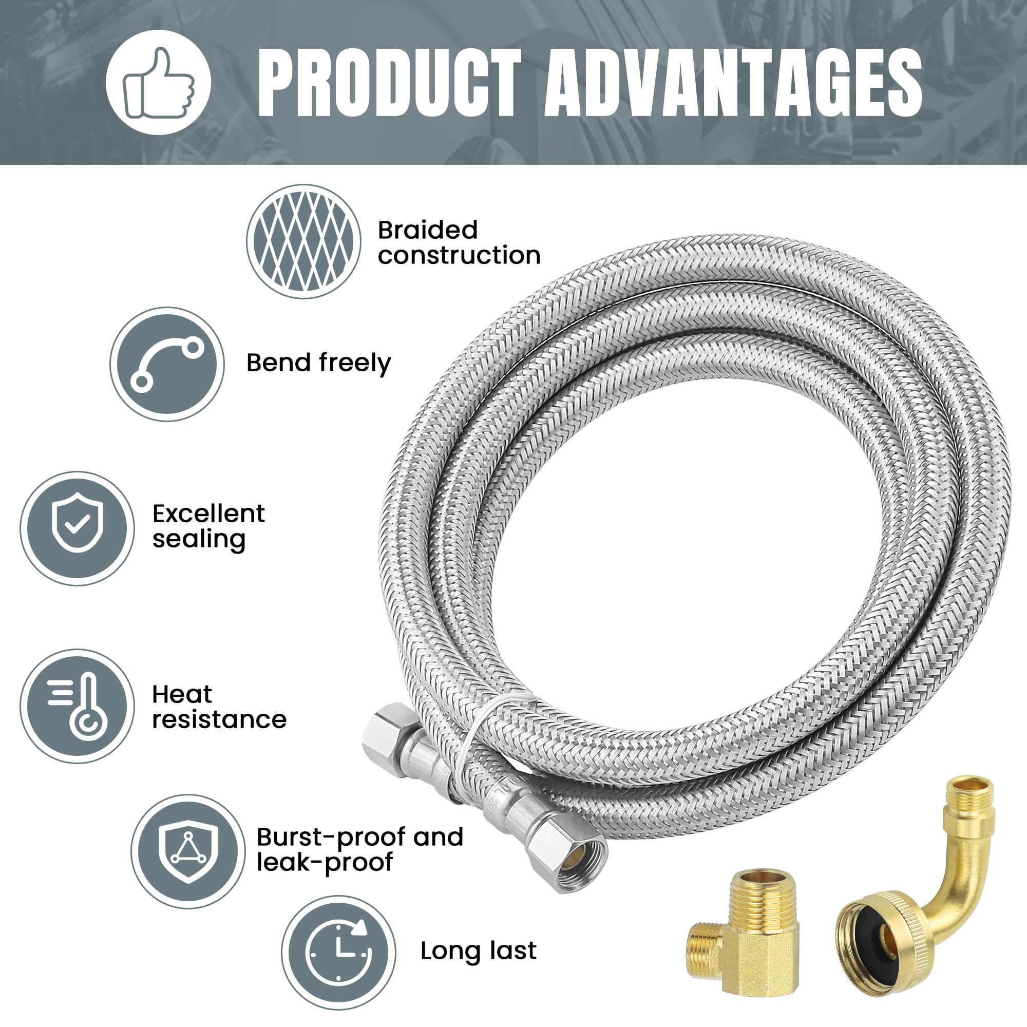 W10685193 - Kit de línea de suministro para lavavajillas, acero inoxidable trenzado con adaptador de codo W10685193 (3/10.2 cm FHT x 3/20.3 cm) – Kit de conector universal para lavavajillas a prueba