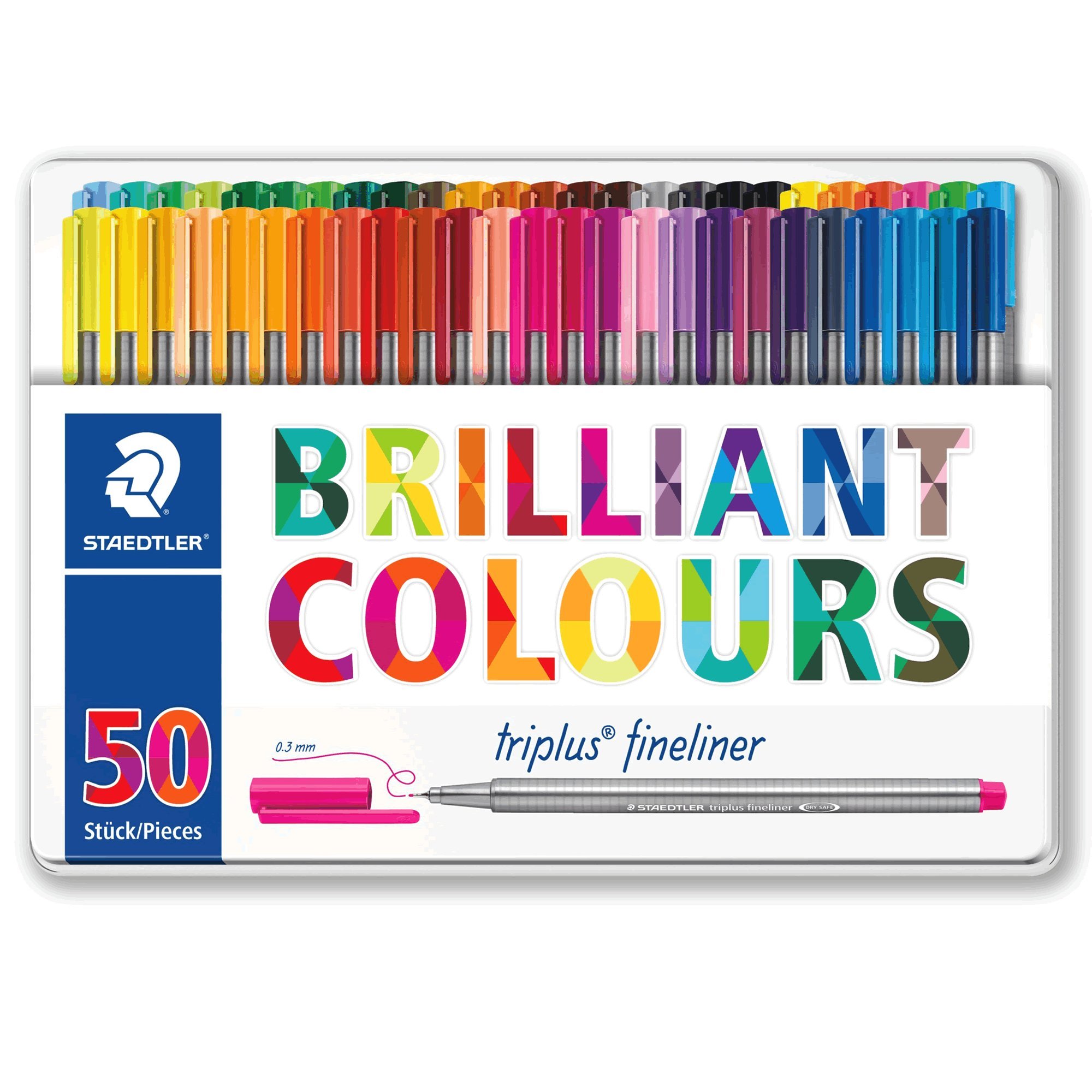 STAEDTLER Triplus 334 M50 Fineliner, dreikant, Hochwertiges Metalletui mit 50 brillanten Farben, metallgefasste Spitze, Linienbreite circa 0.3 mm