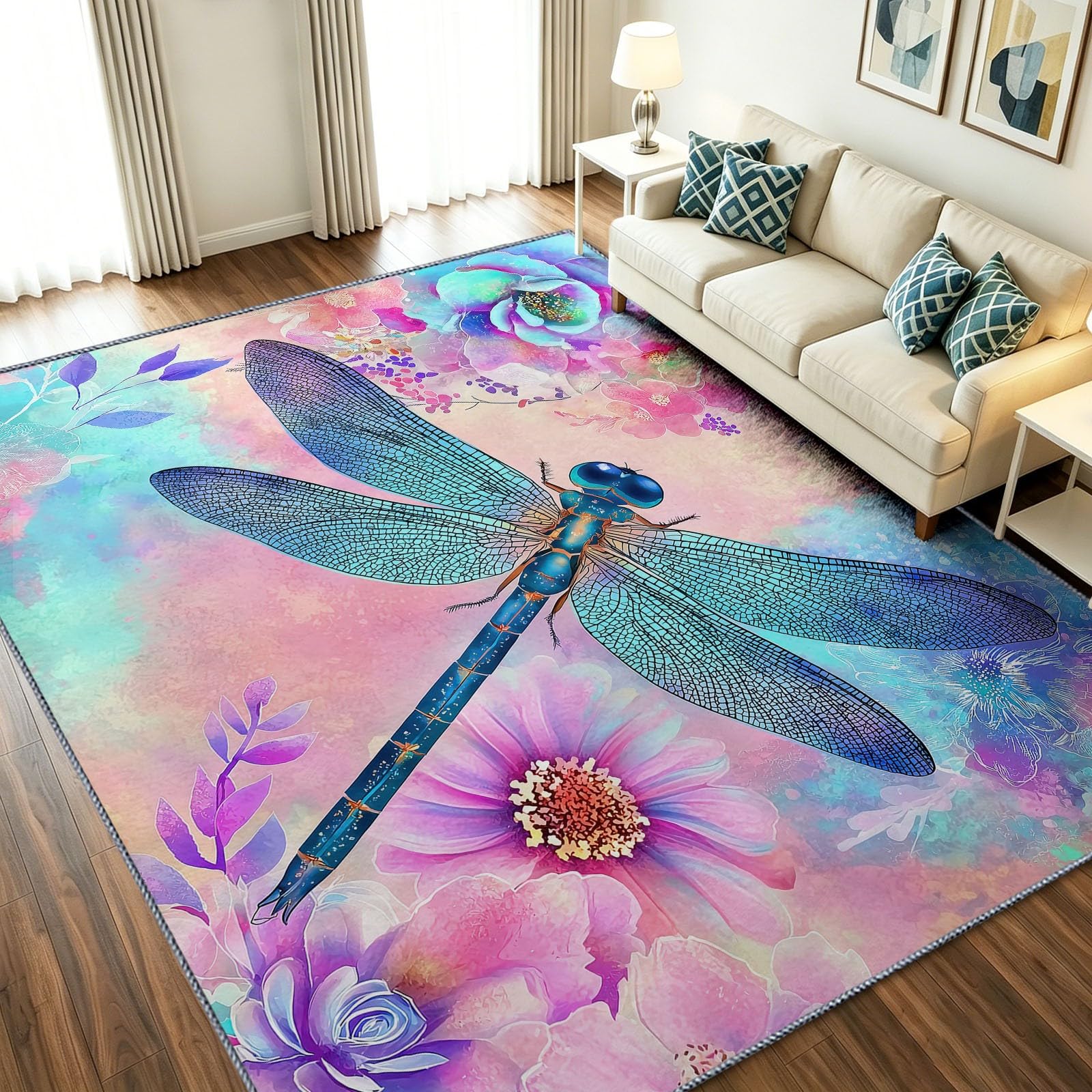Tapis de salon rose 160x230 cm lavable à motif floral et libellule