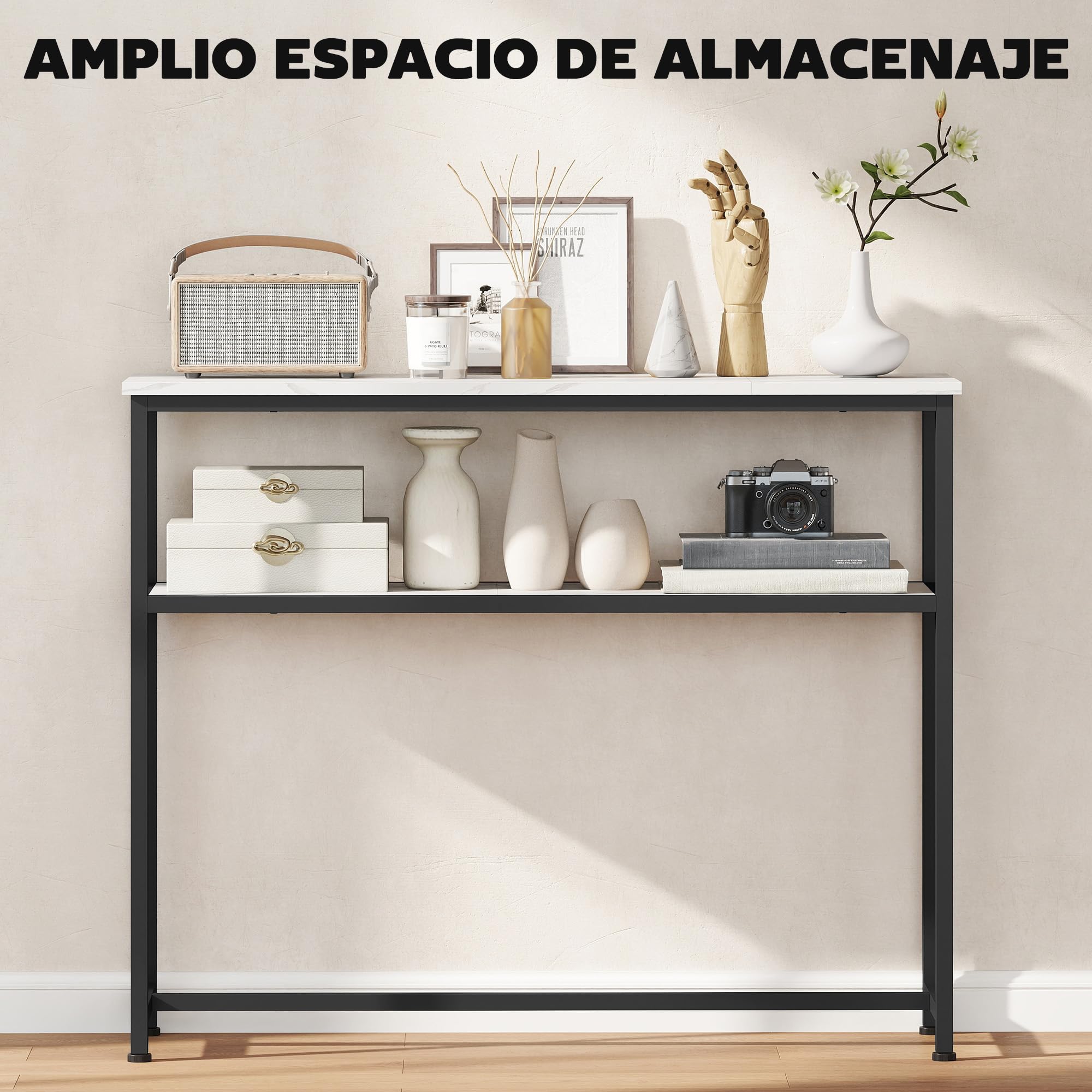 HOMCOM Mesa Consola Moderna Consola Recibidor Estrecha 100 cm Blanco | Superficie con Efecto Mármol, Estante Abierto, Marco de Metal, Mesa de Sofá, para Entrada Sala de Estar