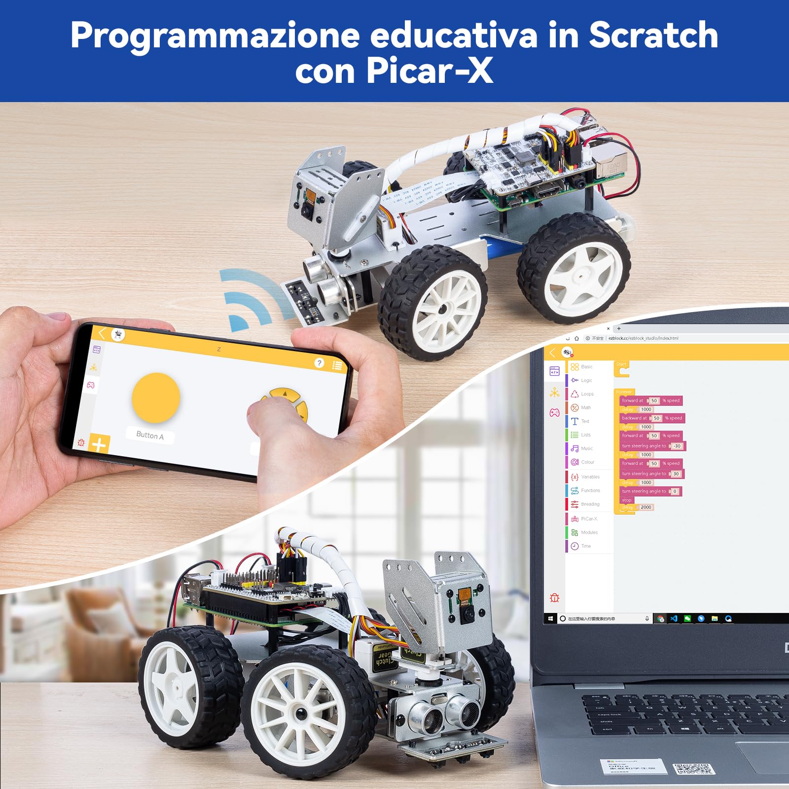 SunFounder PiCar-X Kit auto robot IA per Raspberry Pi 5/4/3B+/Zero 2W, Openclaw LLM ChatGPT/Gemini/Grok, riconoscimento vocale e video, Python, Scratch, fotocamera (Raspberry Pi non incluso)