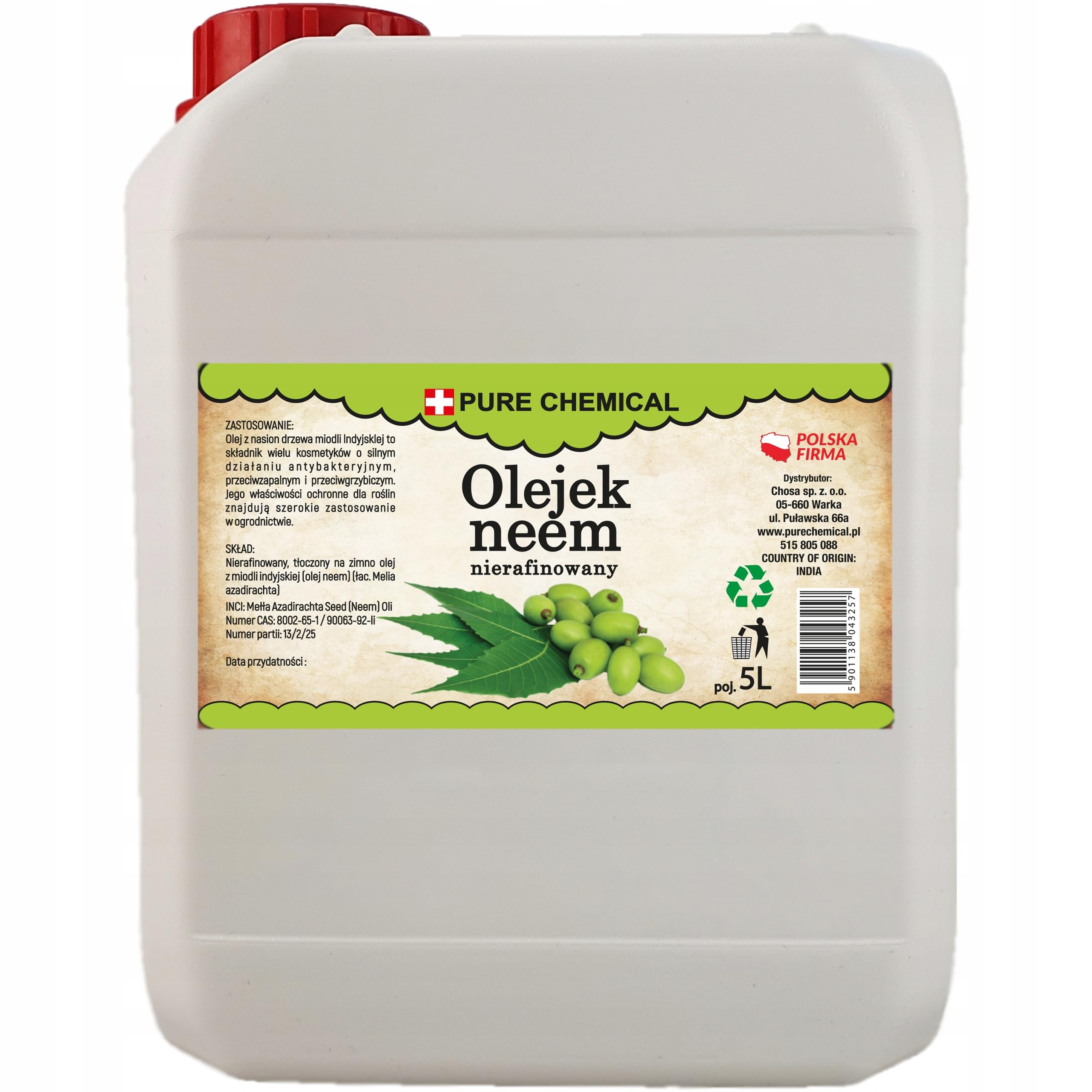 CHOSA Olio di Neem Puro 5 litri - Spremuto a Freddo, Non Raffinato, 100% di Purezza - Per la Cura di Ogni Tipo di Pelle e Capelli - Olio di Nem per Piante, Tanica HDPE 5 L con tappo di sfiato