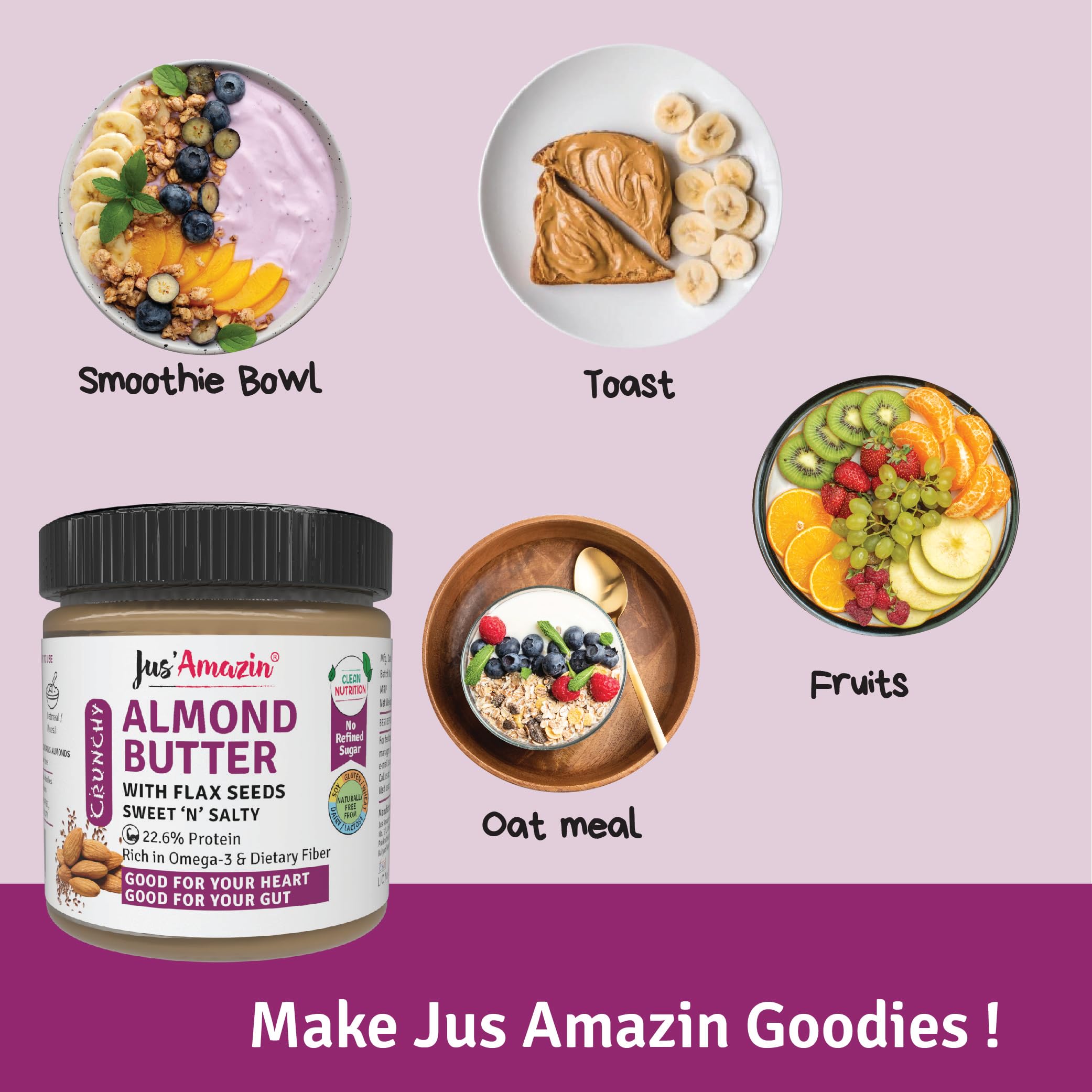 Jus' Amazin Crunchy Almond Butter – with Crunchy Flaxseeds (200g) | 22% Protein | Plant-Based Nutrition | 86% Almonds | Rich in Omega-3 | Zero Chemicals | Dairy Free | 100% Natural - Image 5 thumbnail