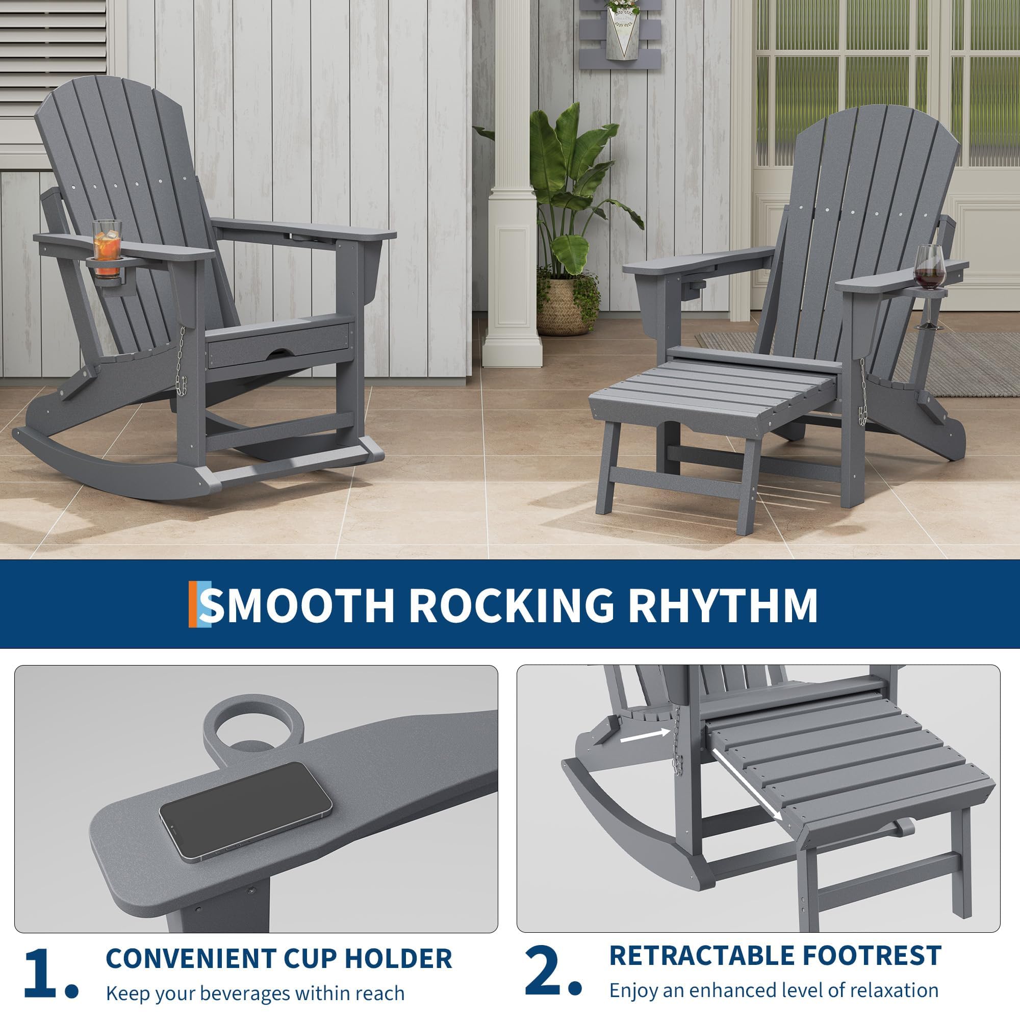 GarveeTech Silla Mecedora Adirondack Plegable para Patio y jardín - Reposapiés y 2 portavasos retráctiles - HDPE Resistente al Clima - Ideal para terraza y Porche - Color: Gris
