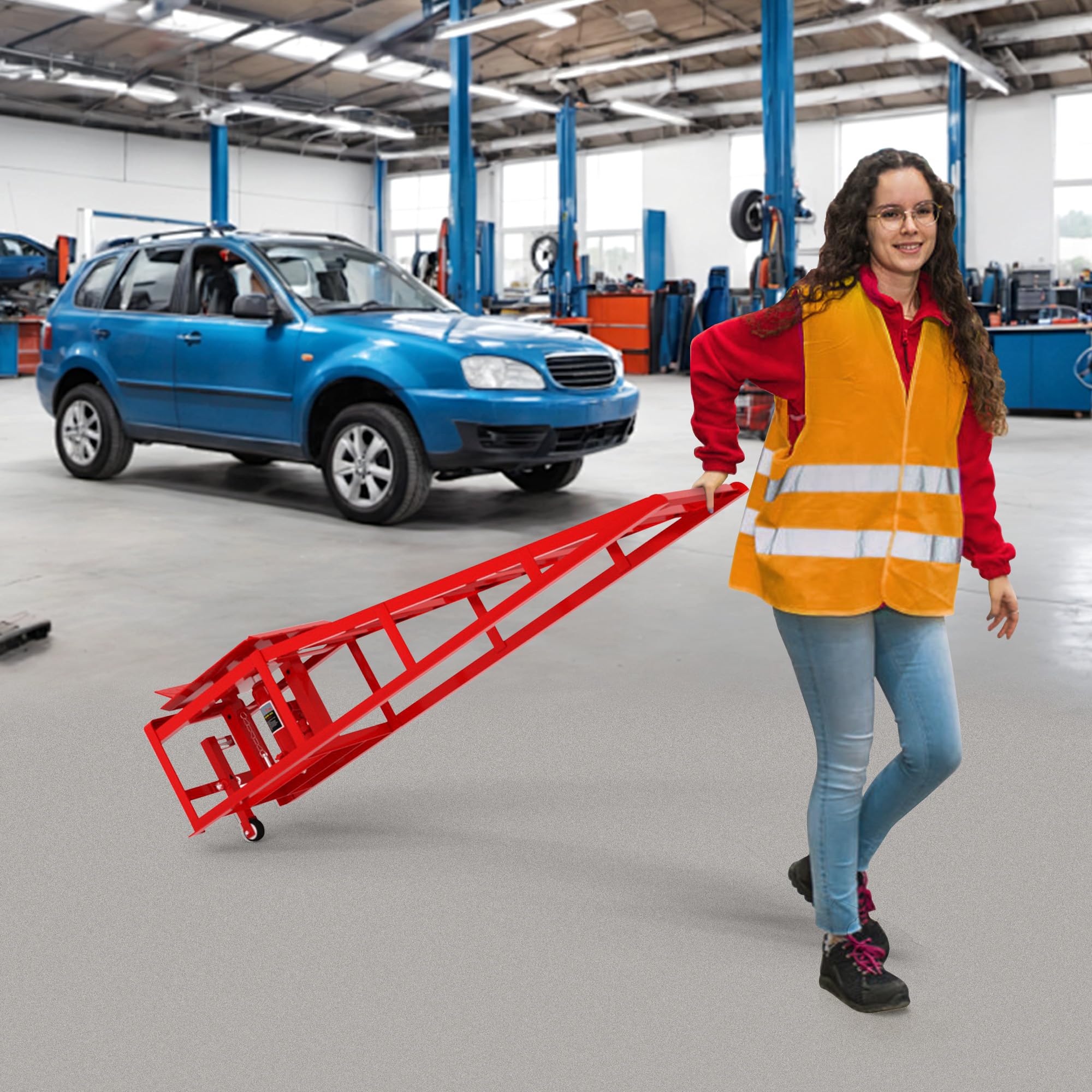 Hydraulischer Rangierwagenheber 5t mit Auffahrrampen Set – Schwerlast Hebebühne Auto für Ölwechsel, Hub 23-36 cm, fahrbare Rampe mit Sicherheitsverriegelung, Rot