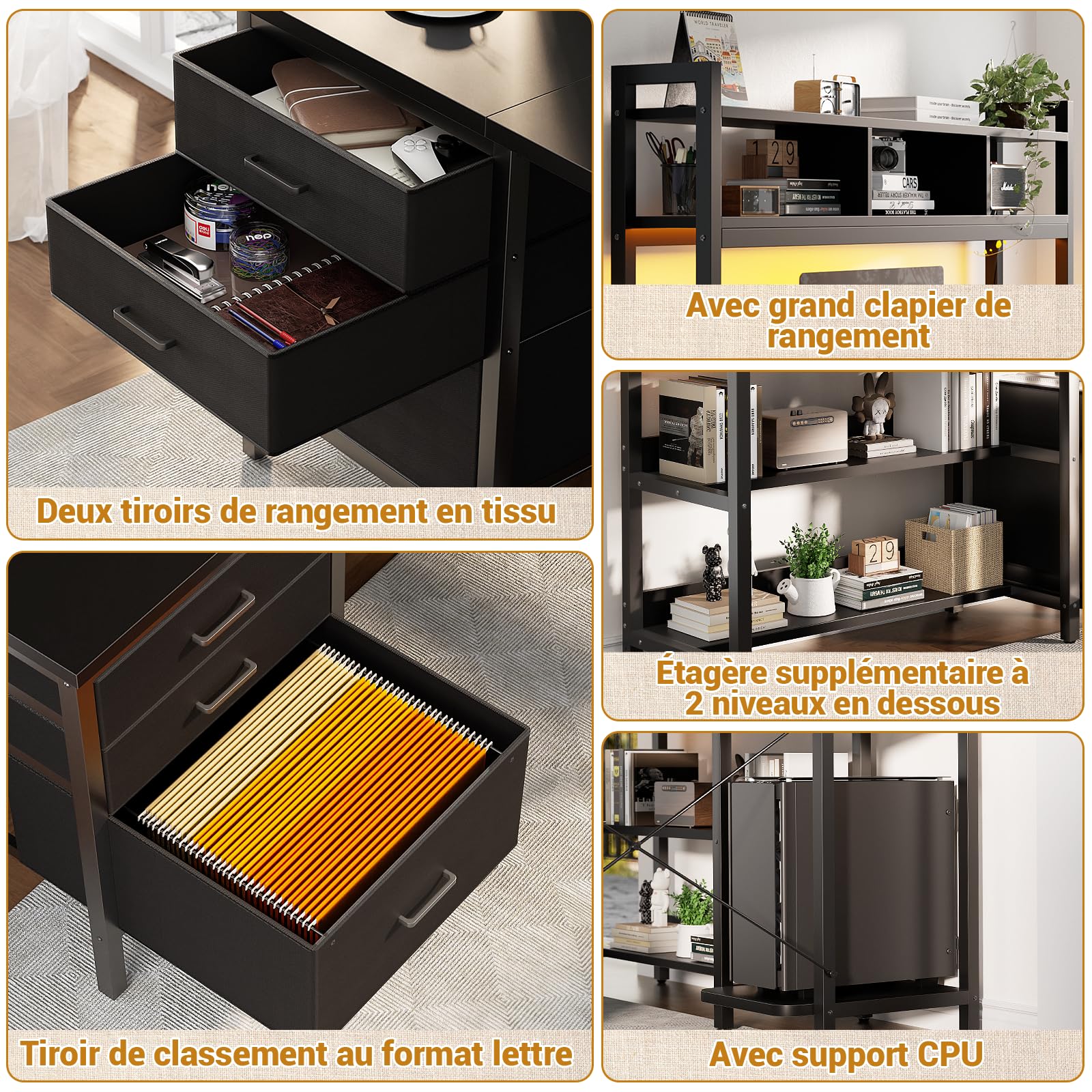 iSunirm Bureau en L avec clapier, Bureau Gaming avec éclairage LED, Bureau d'ordinateur réversible avec Prise de Courant, Bureau d'angle avec tiroir classeur et Support d'écran, Noir