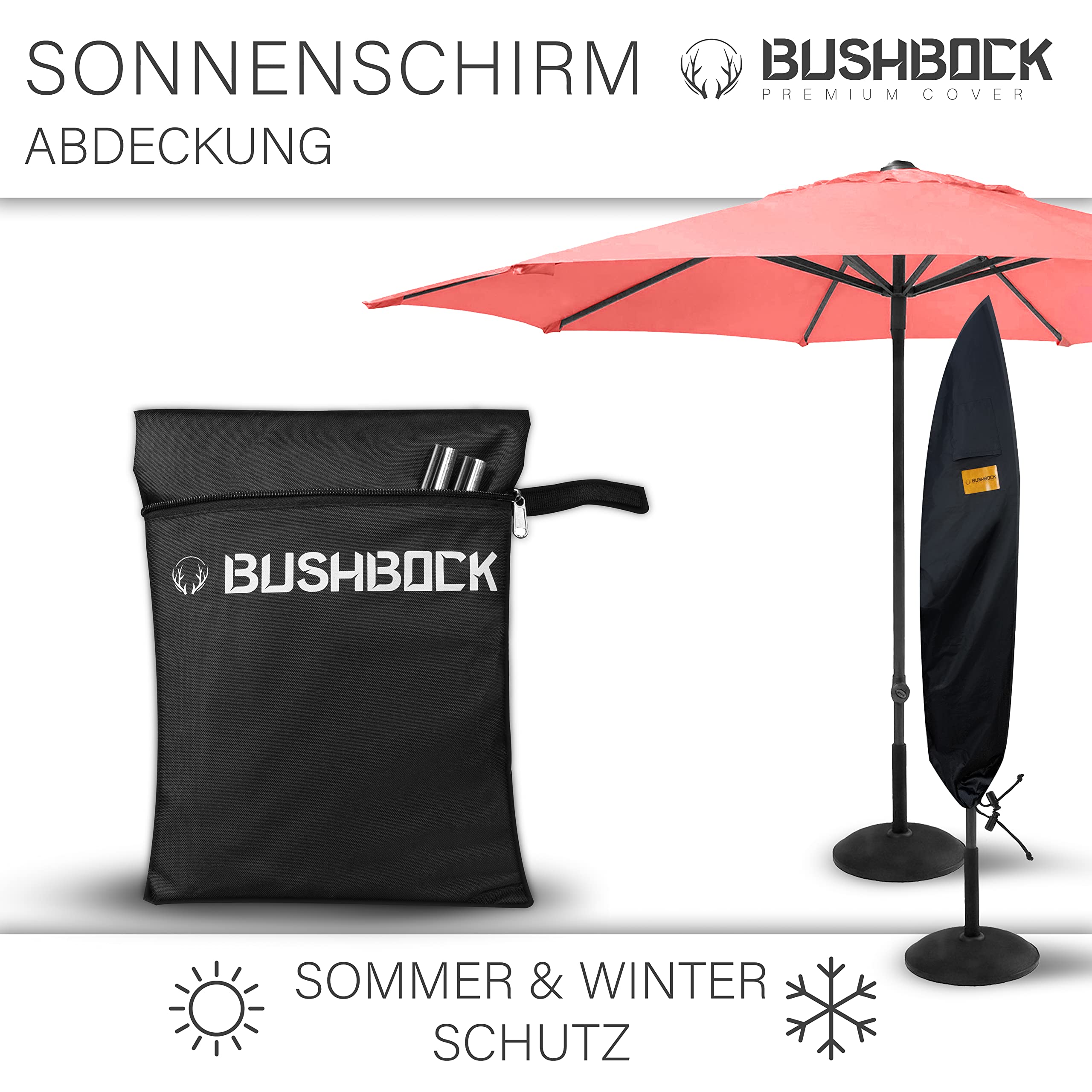 BUSHBOCK® Premium pokrowiec na parasol przeciwsłoneczny/wiszący – do ok. 400 cm Ø – najlepsza tkanina 600D – ultra wytrzymały z otworami wentylacyjnymi i specjalną powłoką (265 x 40 / 70 / 50 cm)