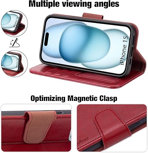 Miniatura 3 de Arae Funda compatible con iPhone 15 con tarjetero y correa para la muñeca para iPhone 15 de 6.1 pulgadas, color rojo vino