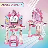 Vista 4 de Juego de mesa de maquillaje para niñas con taburete, puertas abiertas por gestos, juego de tocador para niños con luces y música, juego de salón
