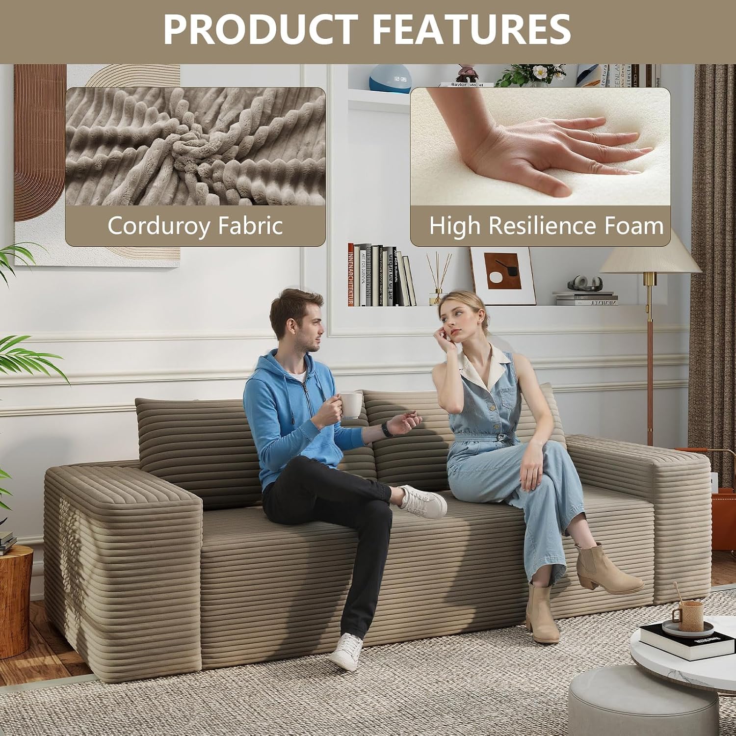 71" Loveseat Sofa, Boneless Loveseats for Living Room, No Assembly Required Corduroy Love Seat for Small Spaces, Bedroom, Apartment, Office, Camel