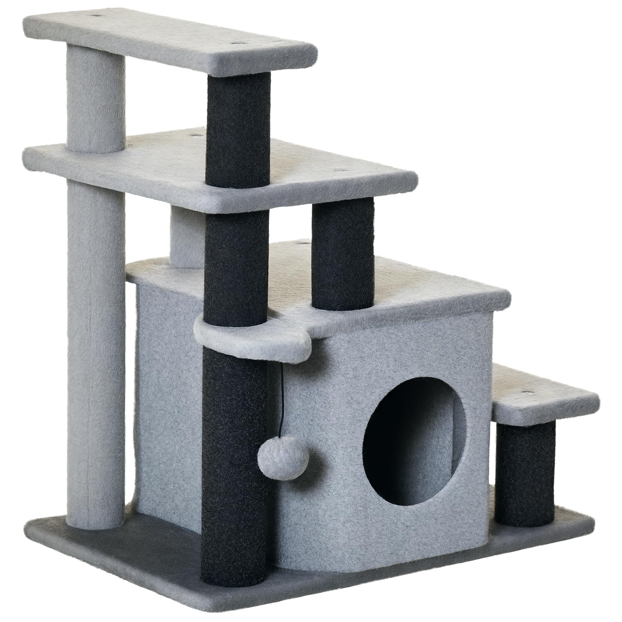 PawHut Scaletta per Cani con Gradino Rimovibile, Pallina Giocattolo e Area Interna, Scalini per Cani in Truciolato, Peluche e Sisal, 60x40x66 cm, Grigio