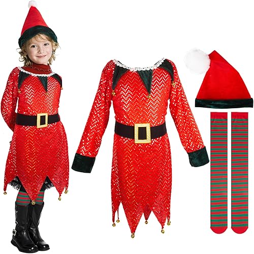 MCPINKY Disfraz de elfo de Navidad para niños, 7 a 10 años, disfraces de elfo de Navidad, traje festivo con sombrero de elfo y medias