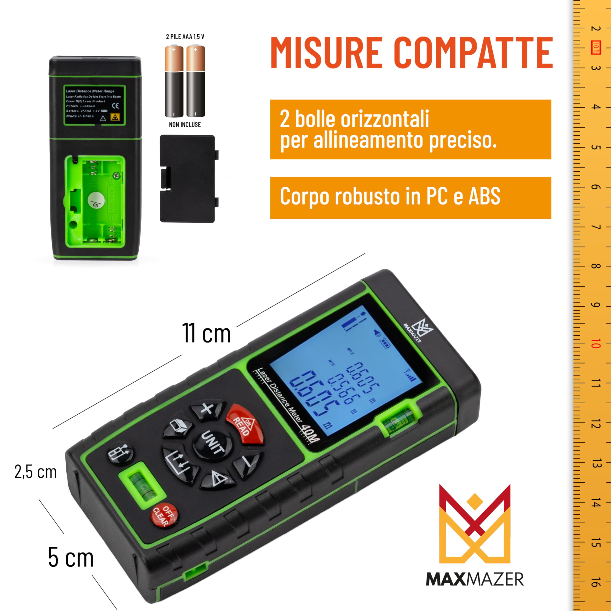 Metro Laser Professionale 40 m con Livella Integrata, Misuratore di Distanza Laser IP54, Telemetro Digitale Preciso e Robusto per Edilizia, Casa e Fai-da-Te
