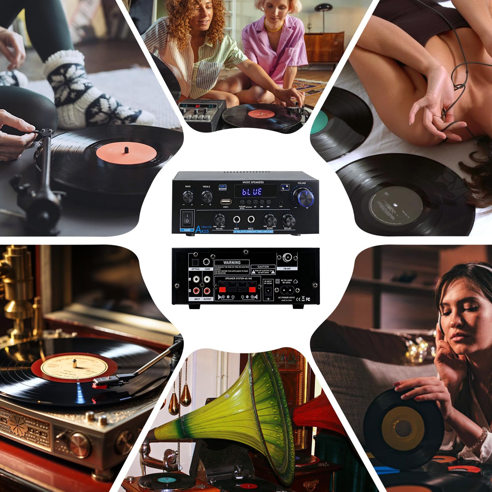 AK55 Amplificatore HiFi Mini Bluetooth 5.0 Stereo Amplifier 2.0 Canali 70W X 2 Audio Amplificatore Digitale Amplificatore con radio FM, telecomando, Opt/AUX/RCA/USB/MIC/BT