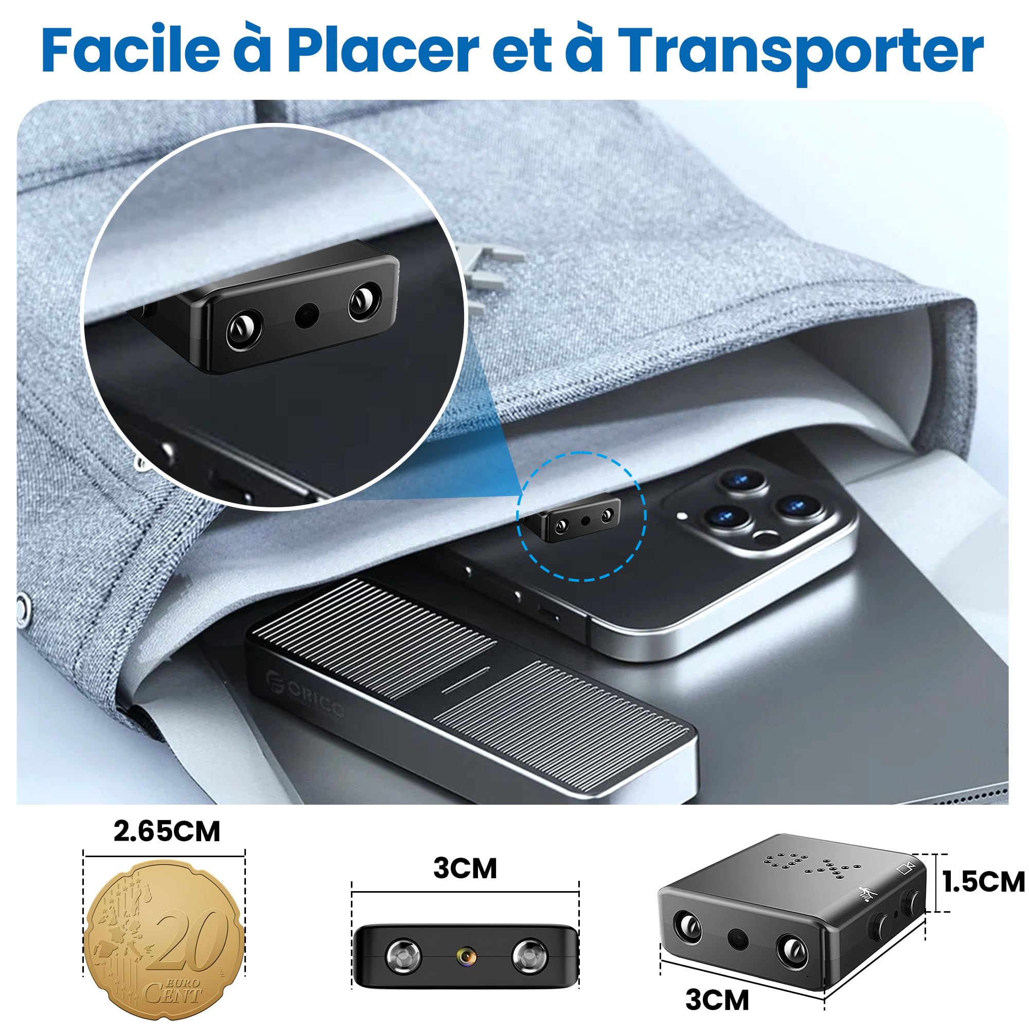 1080p Mini caméra de Surveillance intérieure/extérieure, avec détection de Mouvement et Vision Nocturne, Batterie intégrée (autonomie de 50 Minutes), Enregistrement continu, Facile à Utiliser