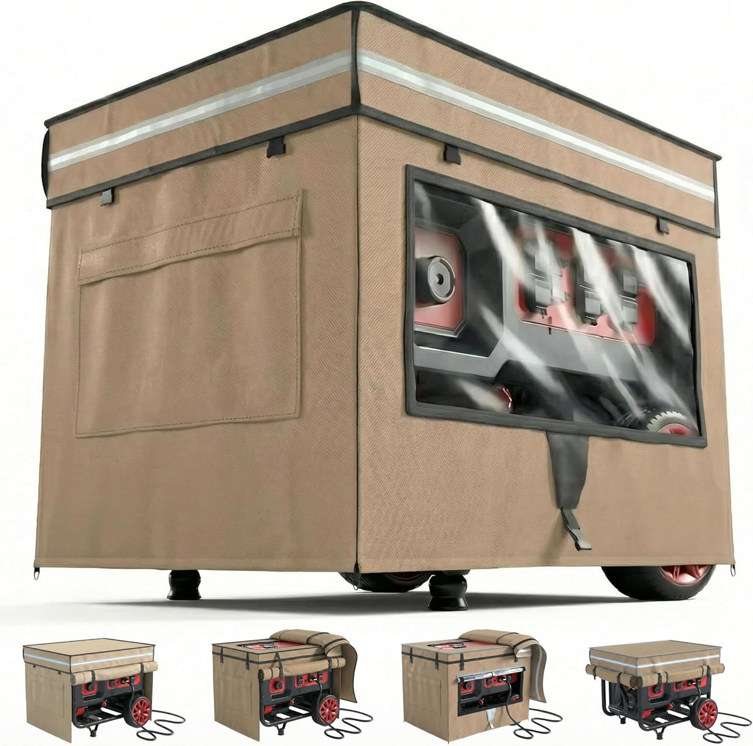 Generator Covers While Running, Generator Covers Compatible with 3000W-5000W Generator, 28″L x 20″W x 20″H Heavy Duty Waterproof Generator Cover for Outside, Transparent Windows to See Gauges, Khaki