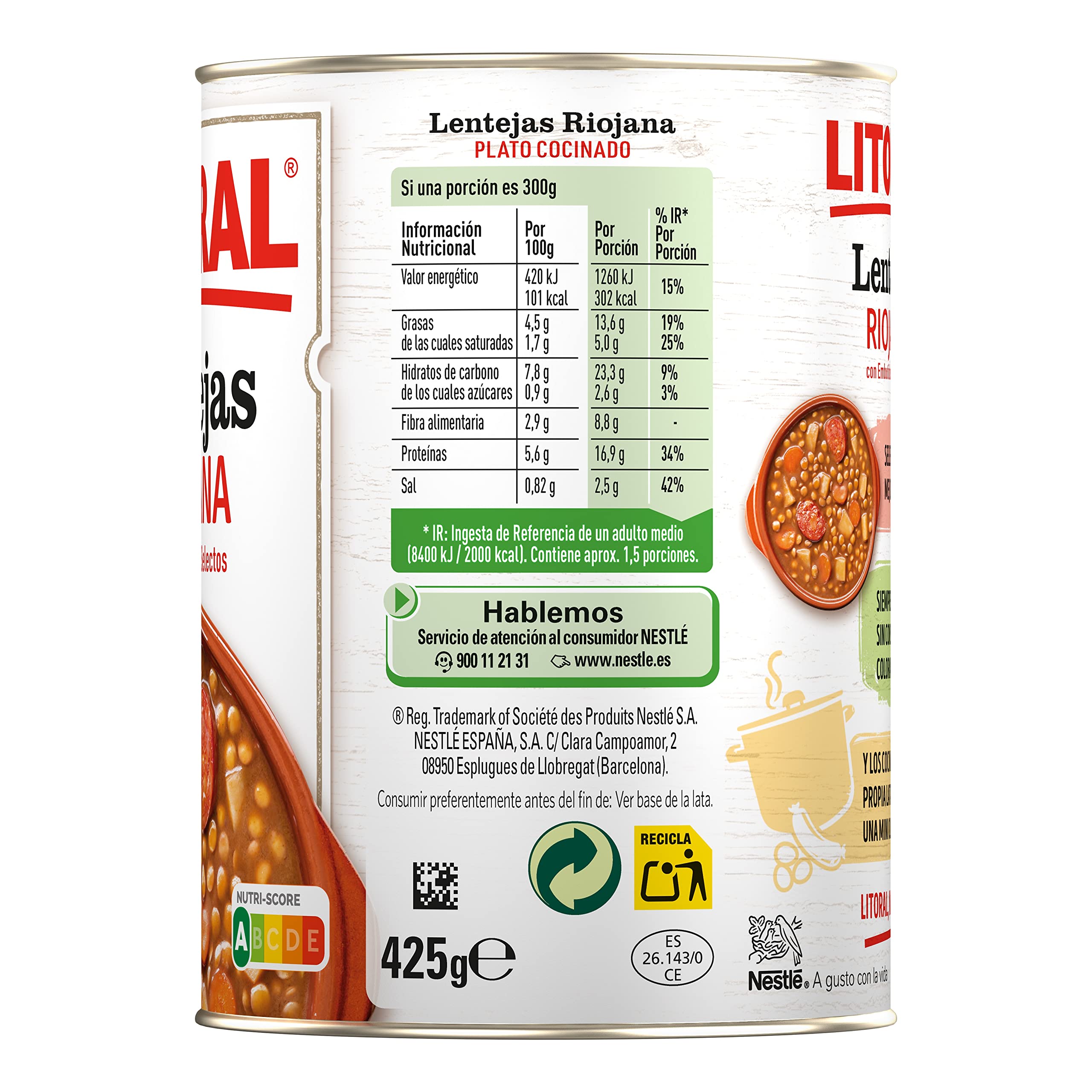 LITORAL Lentejas Riojana - Plato Preparado Sin Gluten - Pack de 6x425g - Total: 2.55kg