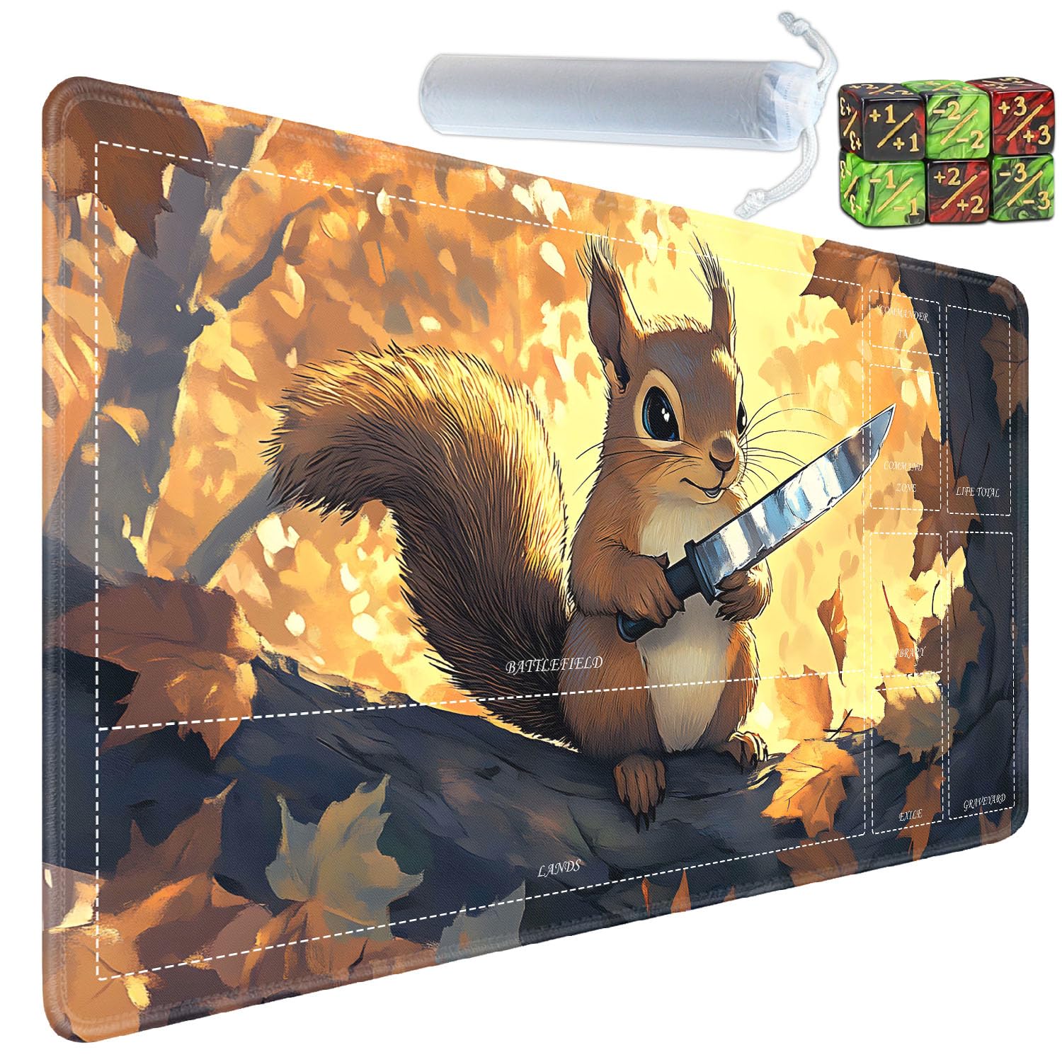 Yuxcfhjfe for MTG/TCG Playmat with Zones, 24 x 14 inches Trading Card Playmat with A Storage Bag and 6 Dice, Non-Lip Rubber Bottom Game Desk Mat, Squirrel with Knife