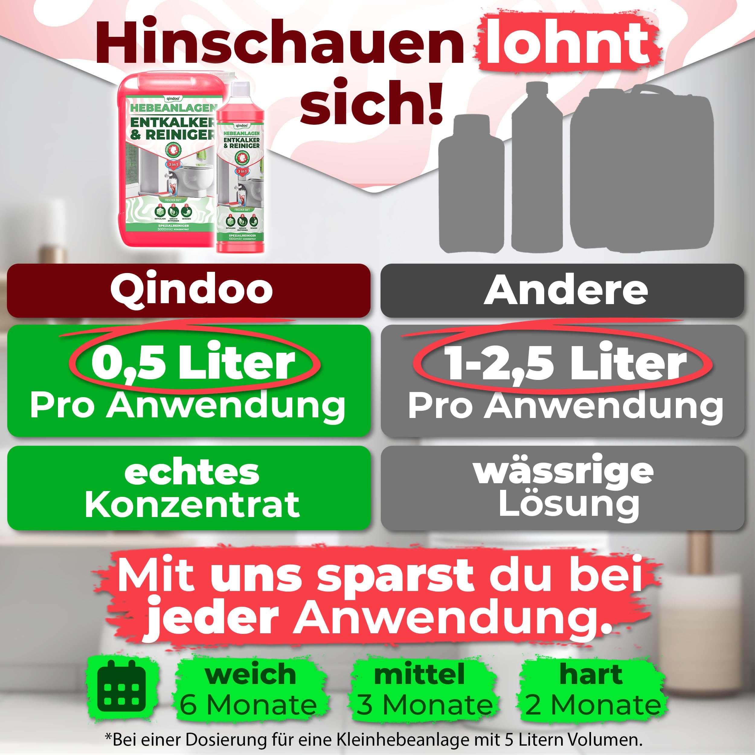 5L Reiniger Hebeanlagen Entkalker, 3 in 1 Reinigungsmittel Qindoo Entkalken Reinigen Geruch entfernen (5 Liter)