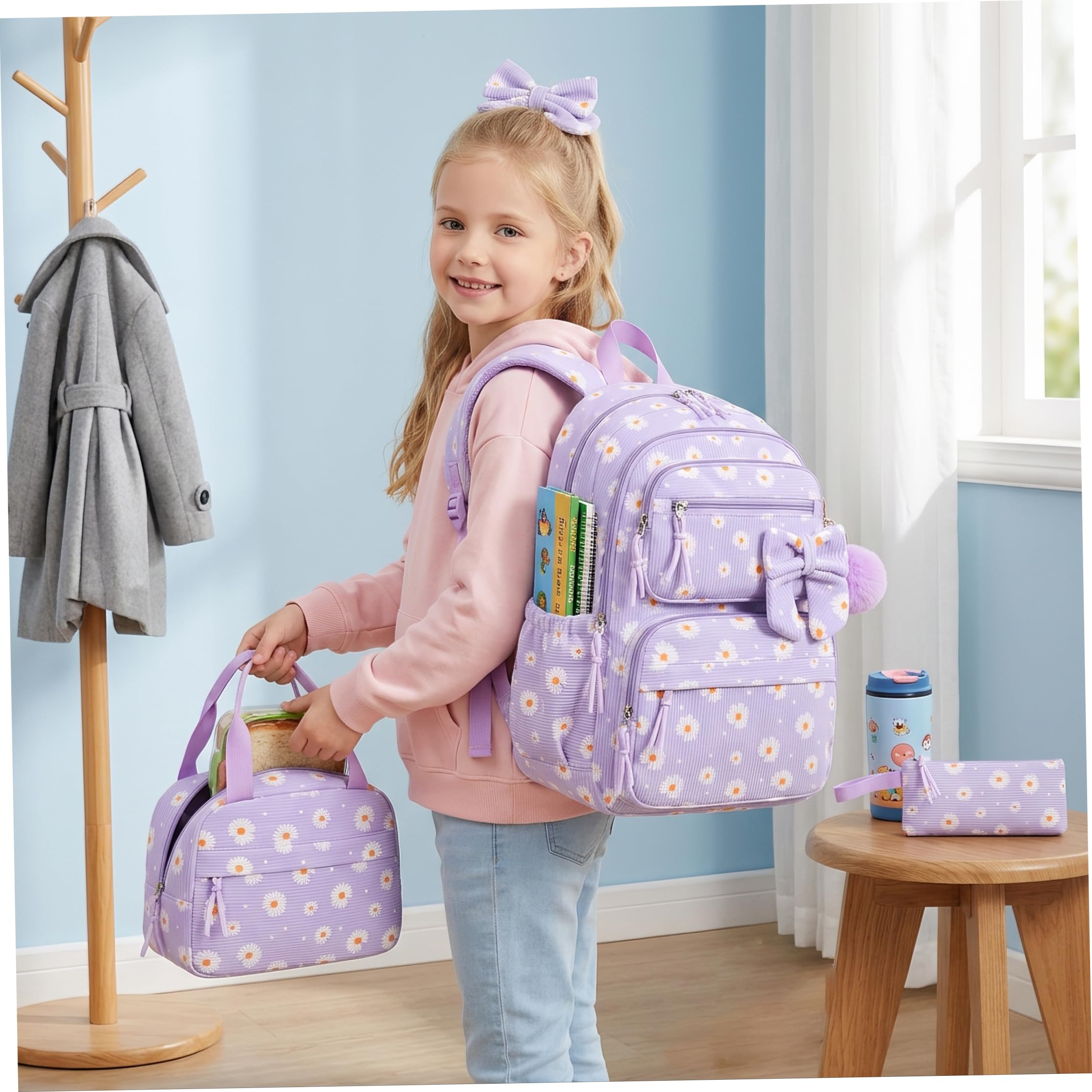 Set Zaino Per Ragazze 3 Pezzi, Zaino Per Ragazze Con Fiori Kawaii In Velluto A Coste Leggero Viola, Borsa Per Il Pranzo Isolata In 3 Pezzi, Uso Scolastico E Quotidiano