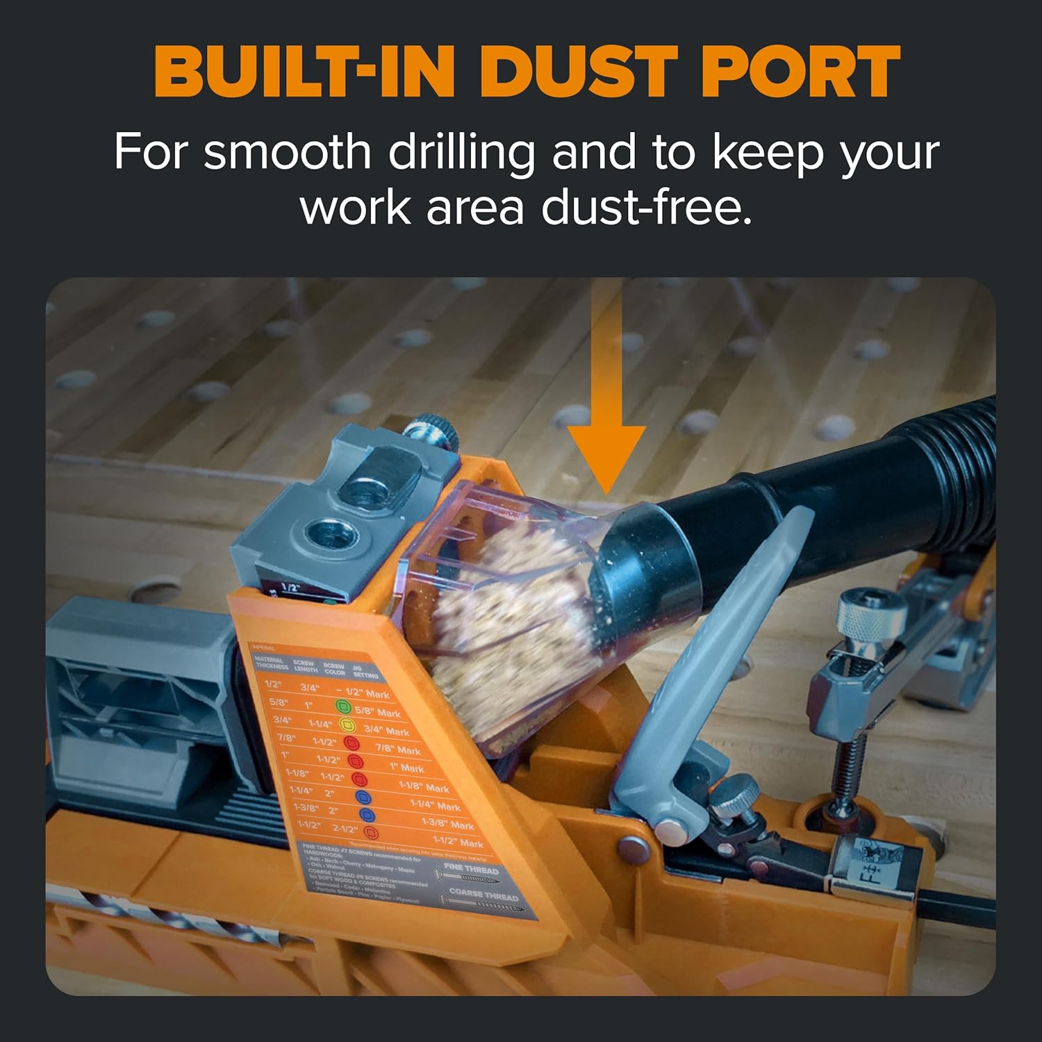 BORA Automatic Pocket Hole Jig with 50 Color-Coated Screws, Auto Adjusting Drill Guide, Pocket Hole Jig Kit for Woodworking - For Materials 1/2 inch to 1 1/2 inch Thick, Power Tool Accessory Jigs